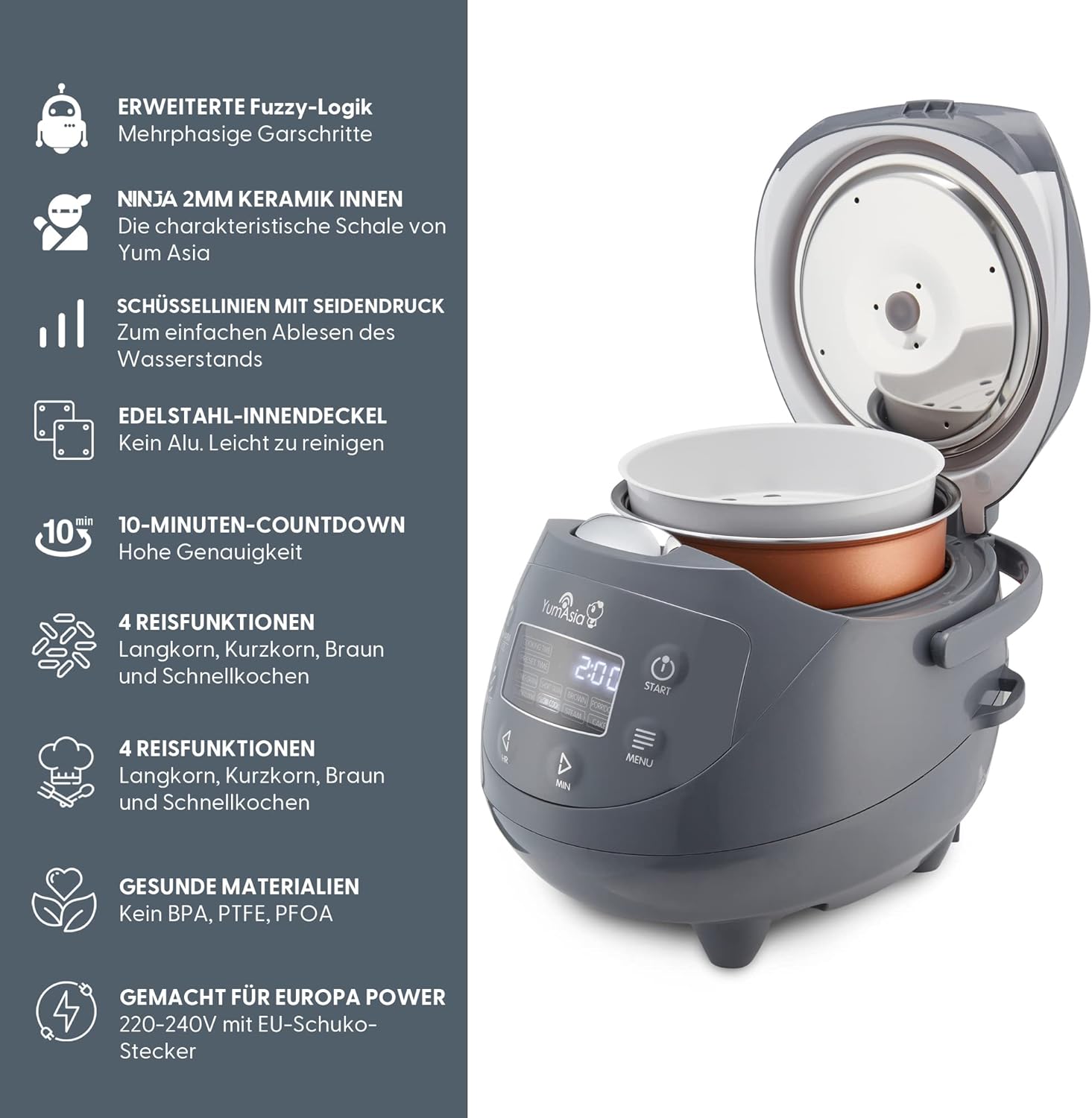 Yum Asia Panda Mini-Reiskocher mit Ninja-Keramikschüssel und Advanced Fuzzy Logic (3,5 Tassen, 0,63 Liter) 4 Reisfunktionen, 4 Multicooker-Funktion, 220–240V