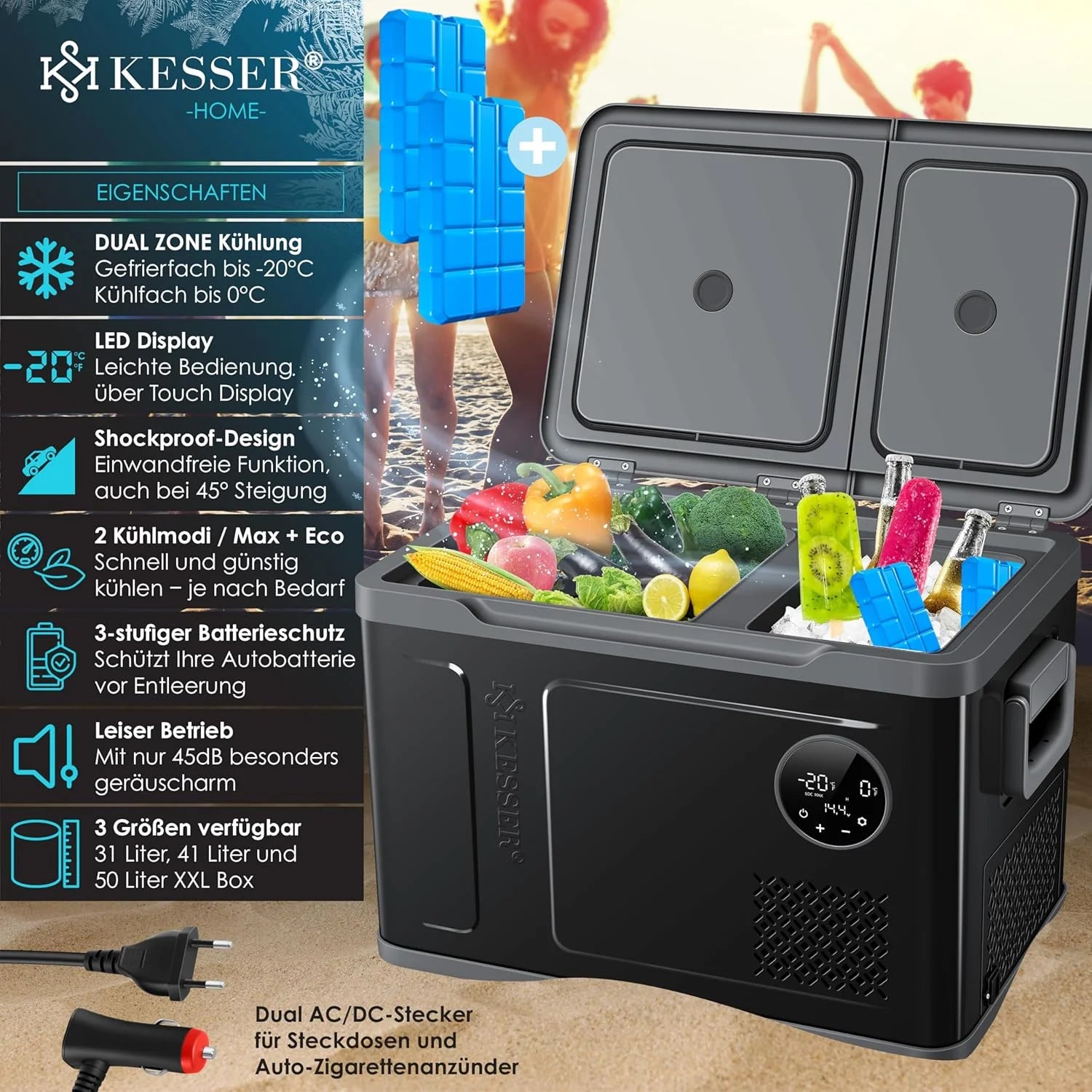 KESSER® Frigorifero portatile a compressore 2in1 doppia zona frigo e congelatore, congelatore elettrico con 2 accumuli di freddo e controllo touch LED | Refrigerazione fino a -20 °C per campeggio, auto, camion 12/24V 230V