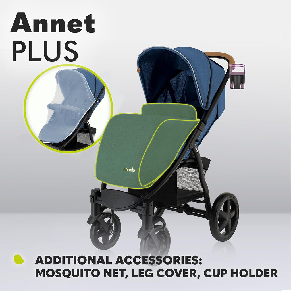 LIONELO Annet Tour Kinderwagen bis 22 kg, verstellbarer Griff, zusammenklappbar, verstellbare Rückenlehne bis zur Liegeposition, wartungsfreie Räder, XXL-Verdeck, 5-Punkt-Gurt, Einkaufskorb