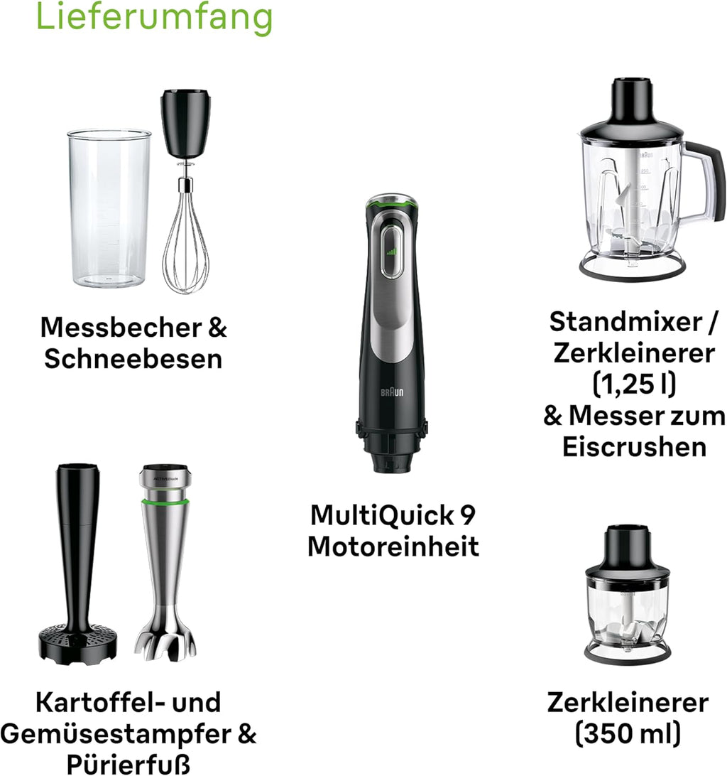 Braun MultiQuick 9 MQ 9187XLI – 5-in-1 Stabmixer mit Küchenmaschinen-Aufsatz, Zerkleinerer, Kartoffel- & Gemüsestampfer & Schneebesen, stufenlose Geschwindigkeitseinstellung, 1200 W, Schwarz/Edelstahl