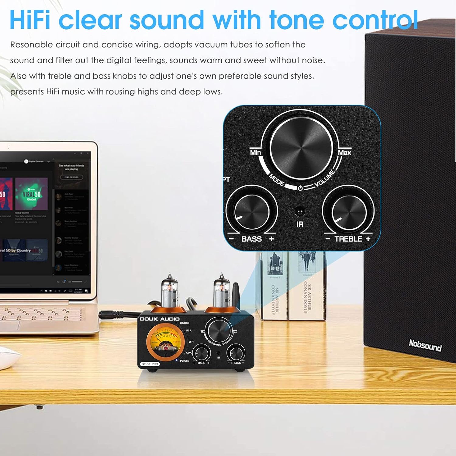 Douk Audio ST-01 PRO Amplificatore HiFi, Mini Amplificatore a Valvole da 200W con Bluetooth 5.0, VU Meter, Ingresso USB DAC Coassiale/Ottico (ST-01PRO)