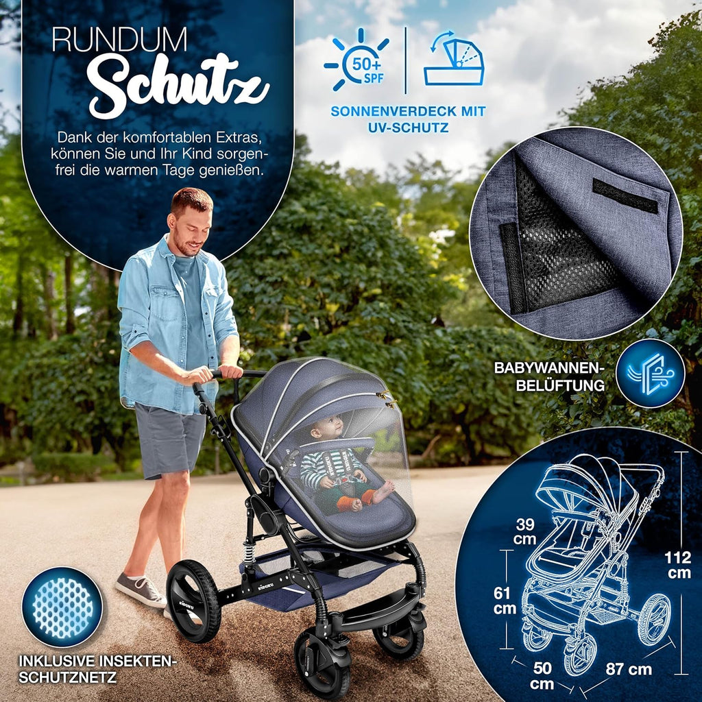 KIDUKU® Set completo passeggino 3 in 1 | Set passeggino combinato con navicella e sedile sportivo passeggino e seggiolino auto ovetto sacco a pelo | Ruote in gomma piena borsa per il cambio scaldamani parapioggia tavolino ECE R129