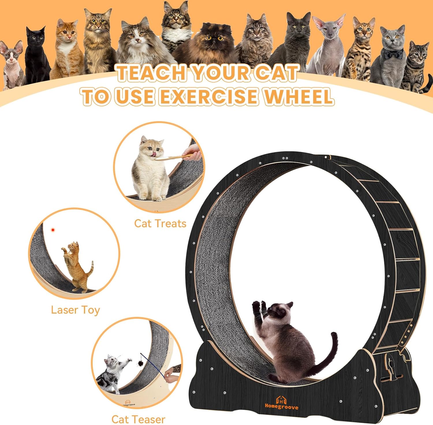 Homegroove Katzen-Laufrad für Indoor-Katze, 101,6 cm groes Katzenlaufrad mit Teppichlaufbahn, Katzenlaufband für lngere Lebensdauer, Katzenrad für Fitness-Gewichtsverlust-Gert, Schwarz (L)