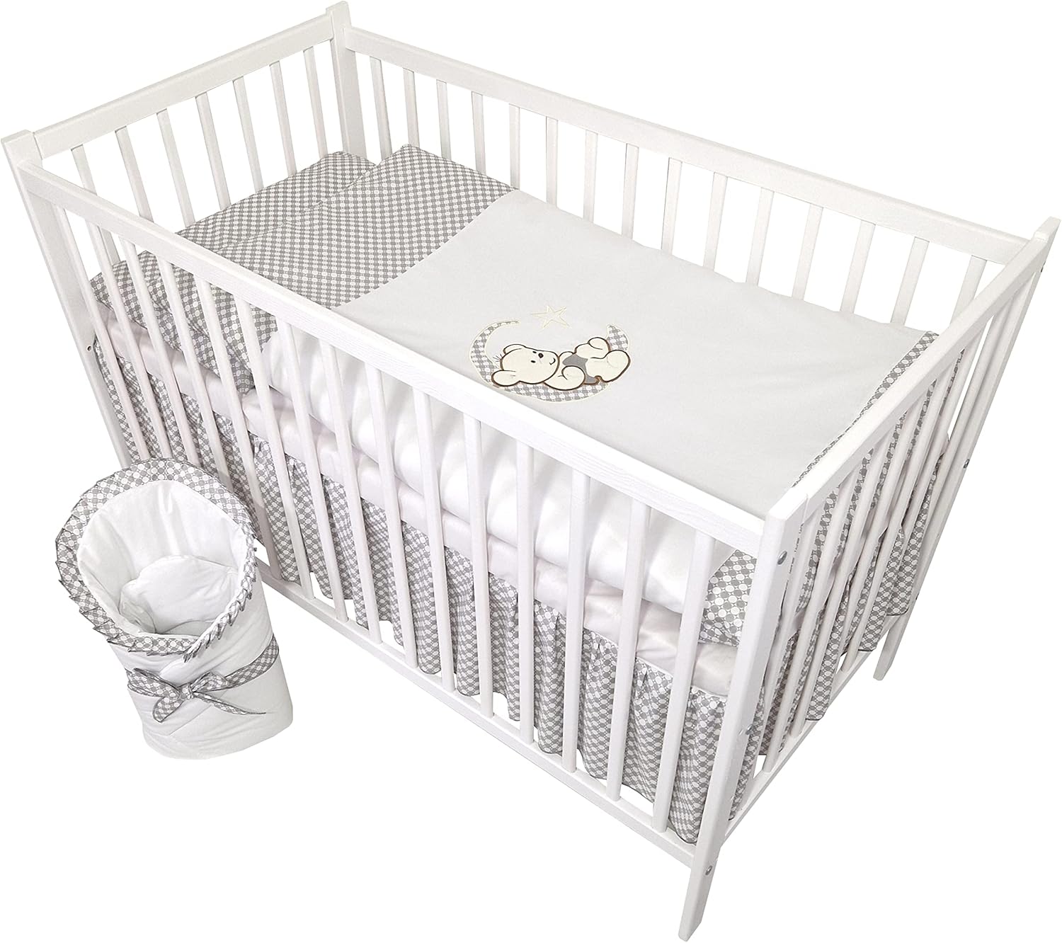 Bello24 - Set completo di 16 pezzi per culla e biancheria da letto Happy Leo, con materasso regolabile in altezza per neonati e bambini piccoli, in legno massello (Grigio - Orsetto Luna)