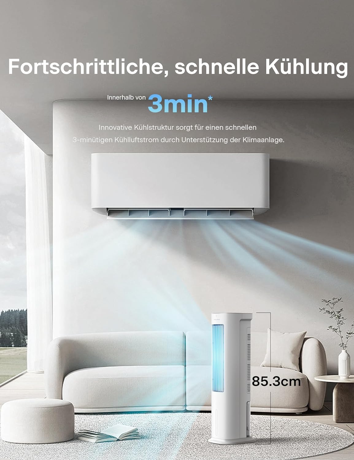 PELONIS Raffrescatore Evaporativo, Condizionatore Portatile, Ventilatore con Raffreddamento ad Acqua 5L, Umidificatore con Telecomando, 355m³/h Climatizzatore Senza Tubo di Scarico