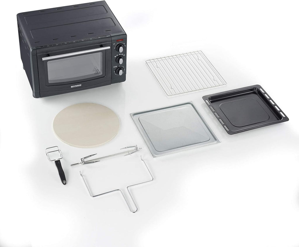 SEVERIN Back- und Toastofen mit Umluftfunktion, Mini Backofen mit Grillrost, Backblech, Drehspie und Pizzastein, vielseitiger Heiluftofen mit 20 L Kapazitt, 1.500 W, schwarz, TO 2068