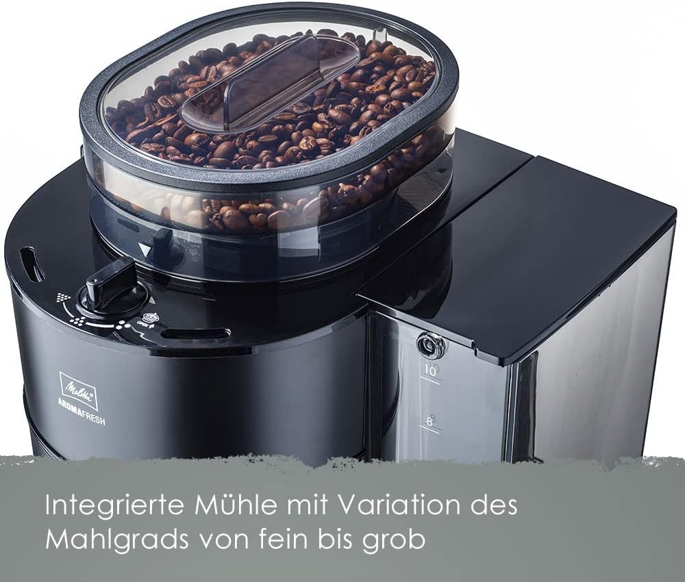 Melitta AromaFresh - Macchina da caffè con filtro - con caraffa in vetro - macinacaffè integrato - funzione timer - 10 tazze - Pure Black