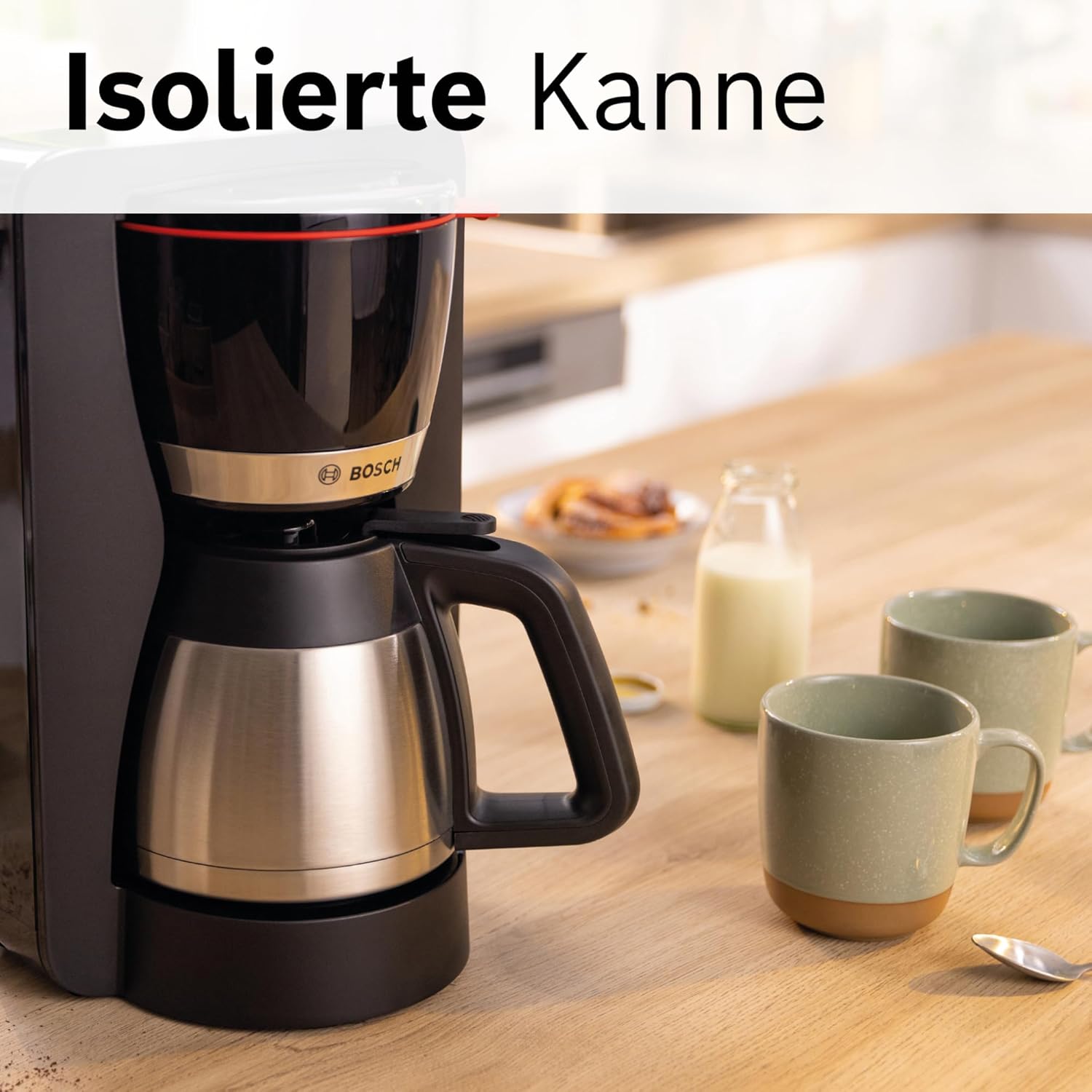 Bosch Filterkaffeemaschine MyMoment TKA3M134, Thermokanne 1 L, für 8-12 Tassen, Tropfstopp, schwenkbarer Filtertrger, Entkalkungsprogramm, abnehmbarer Wassertank, 1200 Watt, Schwarz matt