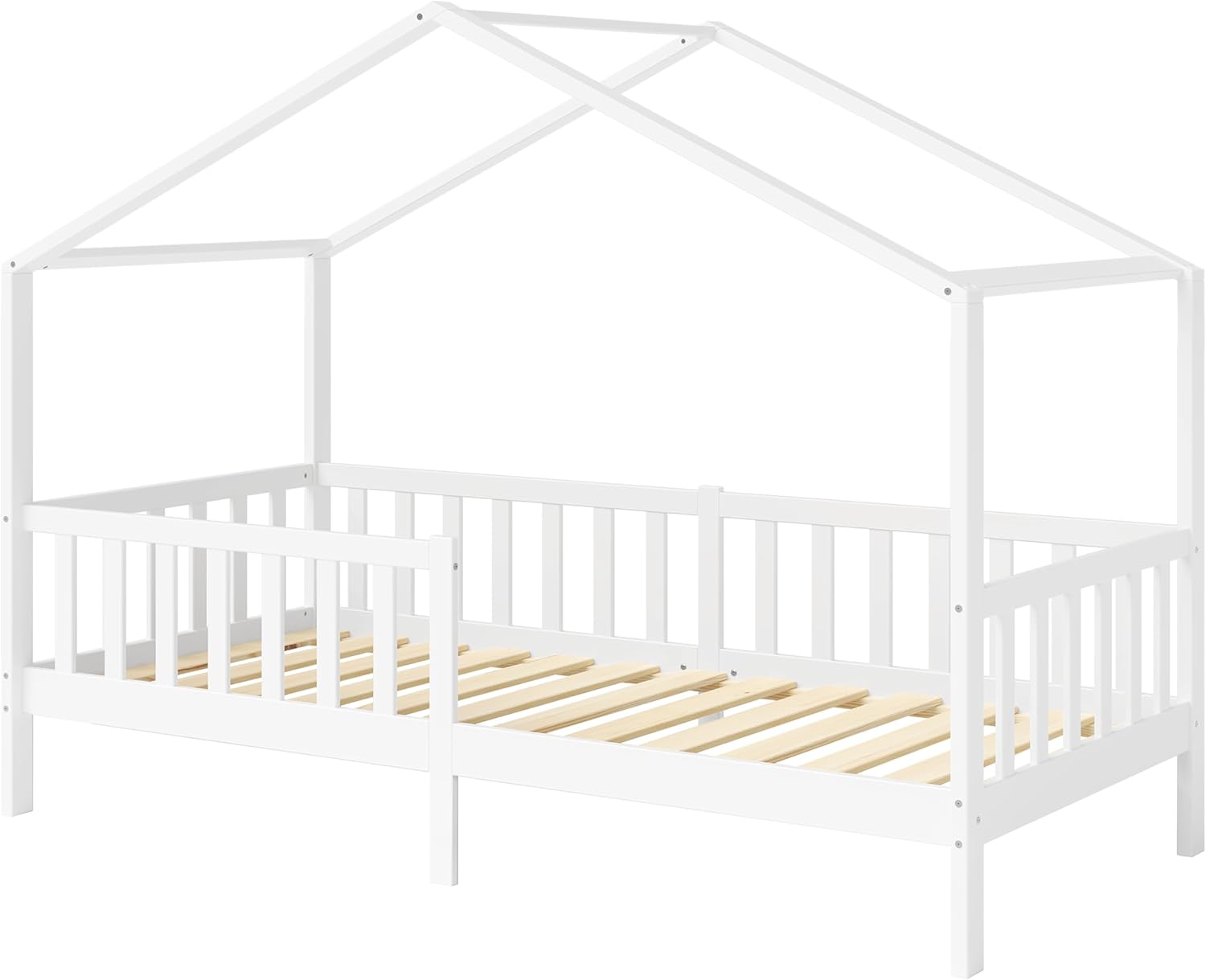 Bellabino Lettino per bambini Bia 140x200 cm, letto a capanna per bambini con protezione anticaduta e rete a doghe arrotolabile, letto a terra Montessori bianco in legno massello di pino