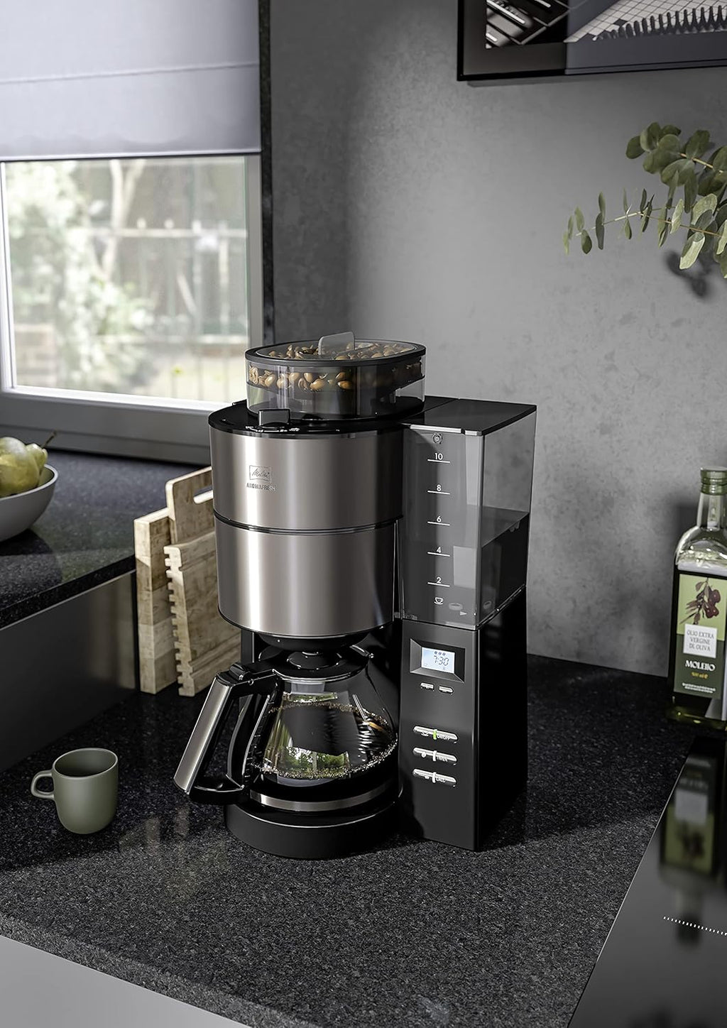 Melitta AromaFresh - Macchina da caffè con filtro - con caraffa in vetro - macinacaffè integrato - funzione timer - 10 tazze - Pure Black