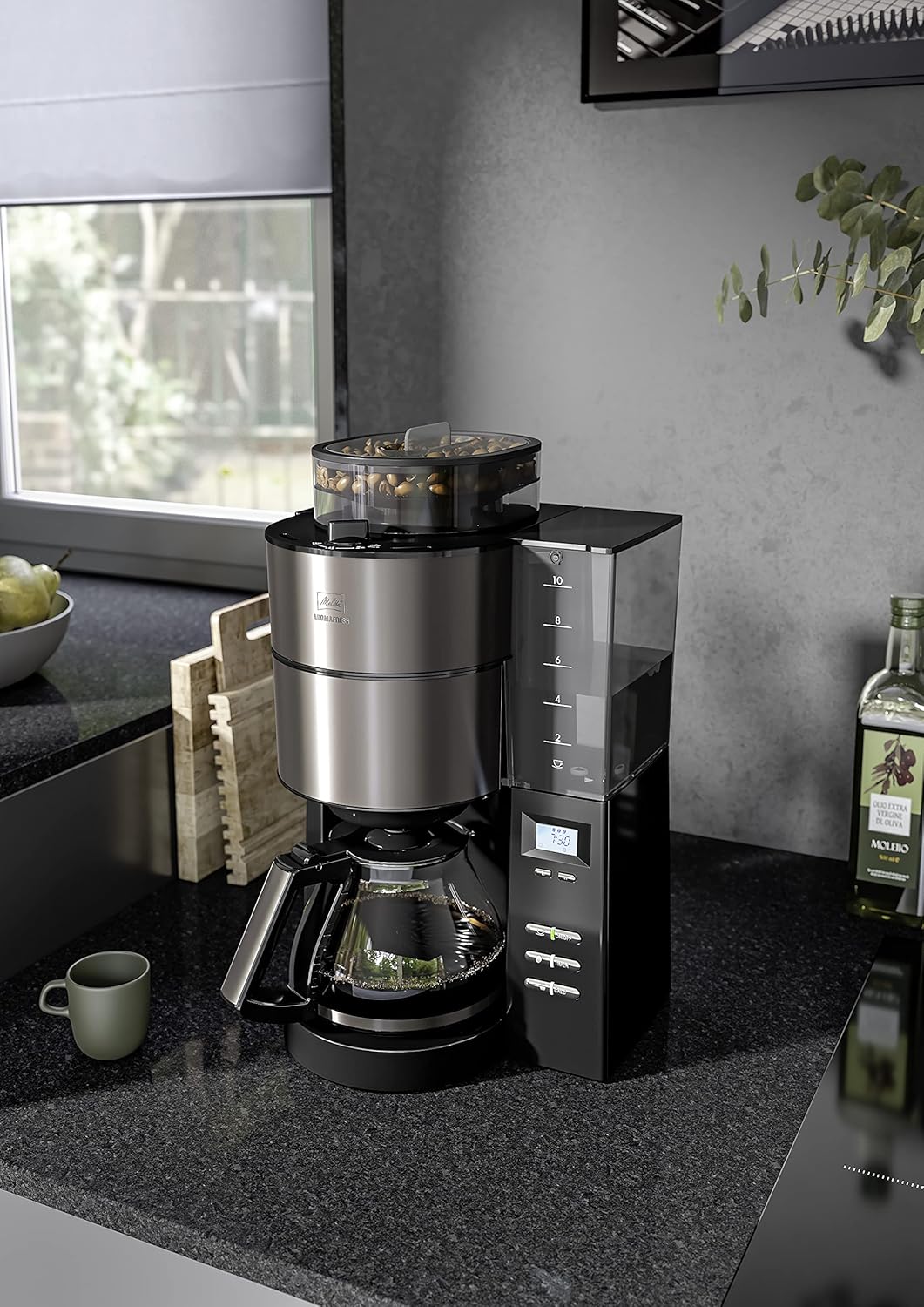 Melitta AromaFresh - Macchina da caffè con filtro - con caraffa in vetro - macinacaffè integrato - funzione timer - 10 tazze - Pure Black