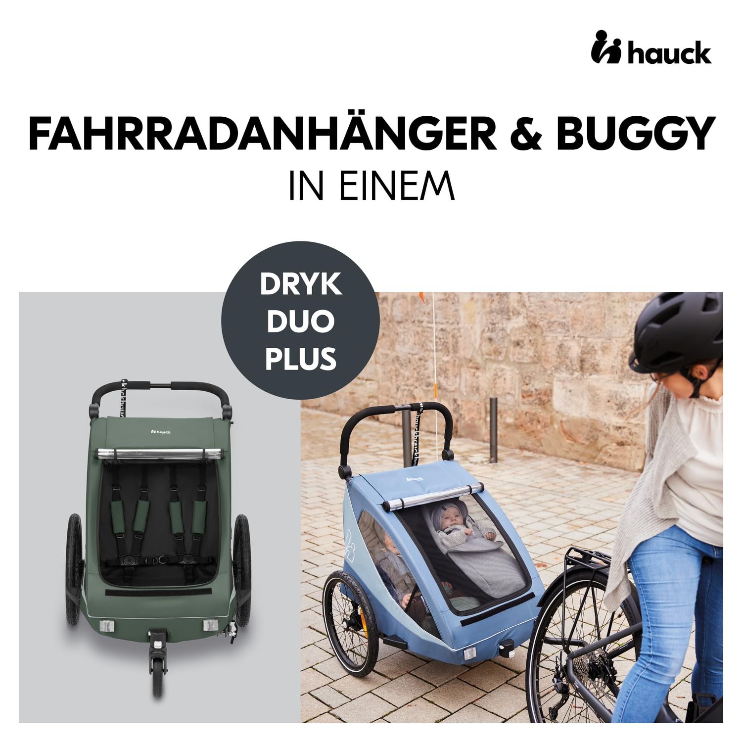 hauck Rimorchio Bici & Passeggino Dryk Duo Plus con Sospensioni, per 2 Bambini (6-48 mesi), incl. Timone, Ruota da Passeggino, Bandierina e Luce LED, Pieghevole, Regolabile in Altezza, Baule XL (Verde Scuro)
