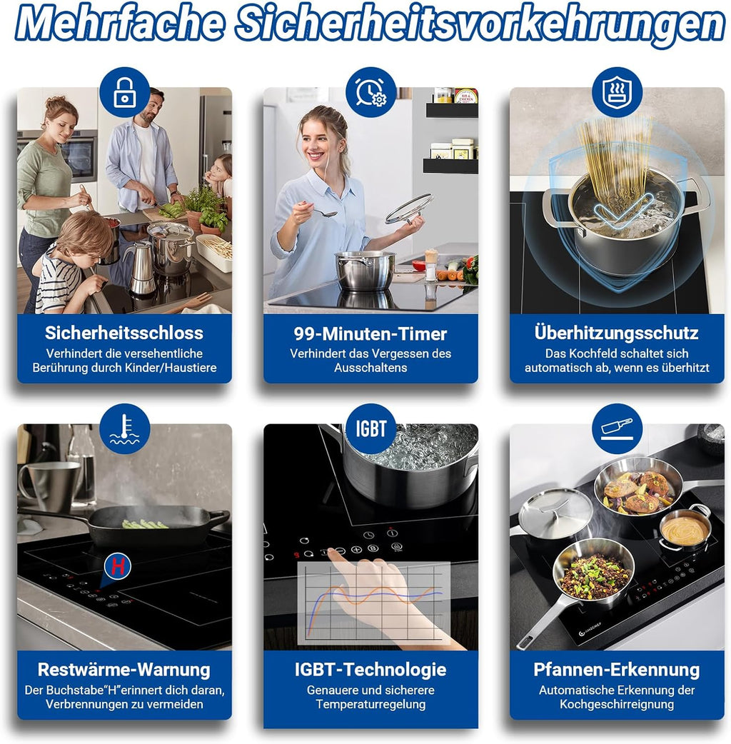 AMZCHEF Induktionskochfeld 60cm mit Zwei Flexzonen, 4 Zonen Induktionskochplatte mit Boost-Funktion und 9 Leistungsstufen, Touch-Bedienung, Timer, Sicherheitsschloss, Überhitzungsschutz, BBQ, 7200W
