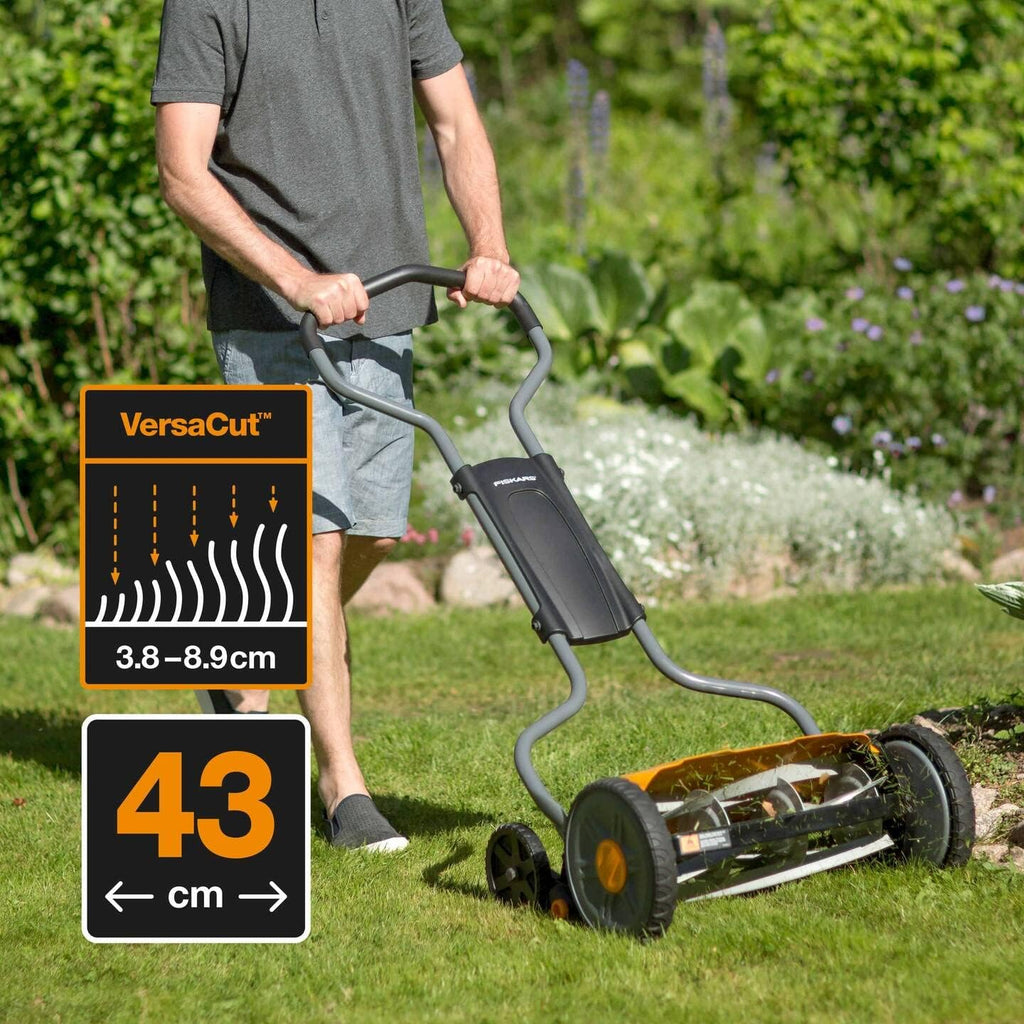 Fiskars Spindelmher, Rasenmher mit berührungslosem Schneidesystem, Schnittbreite: 43 cm, StaySharp Plus, Schwarz/Orange/Silber, 1015649