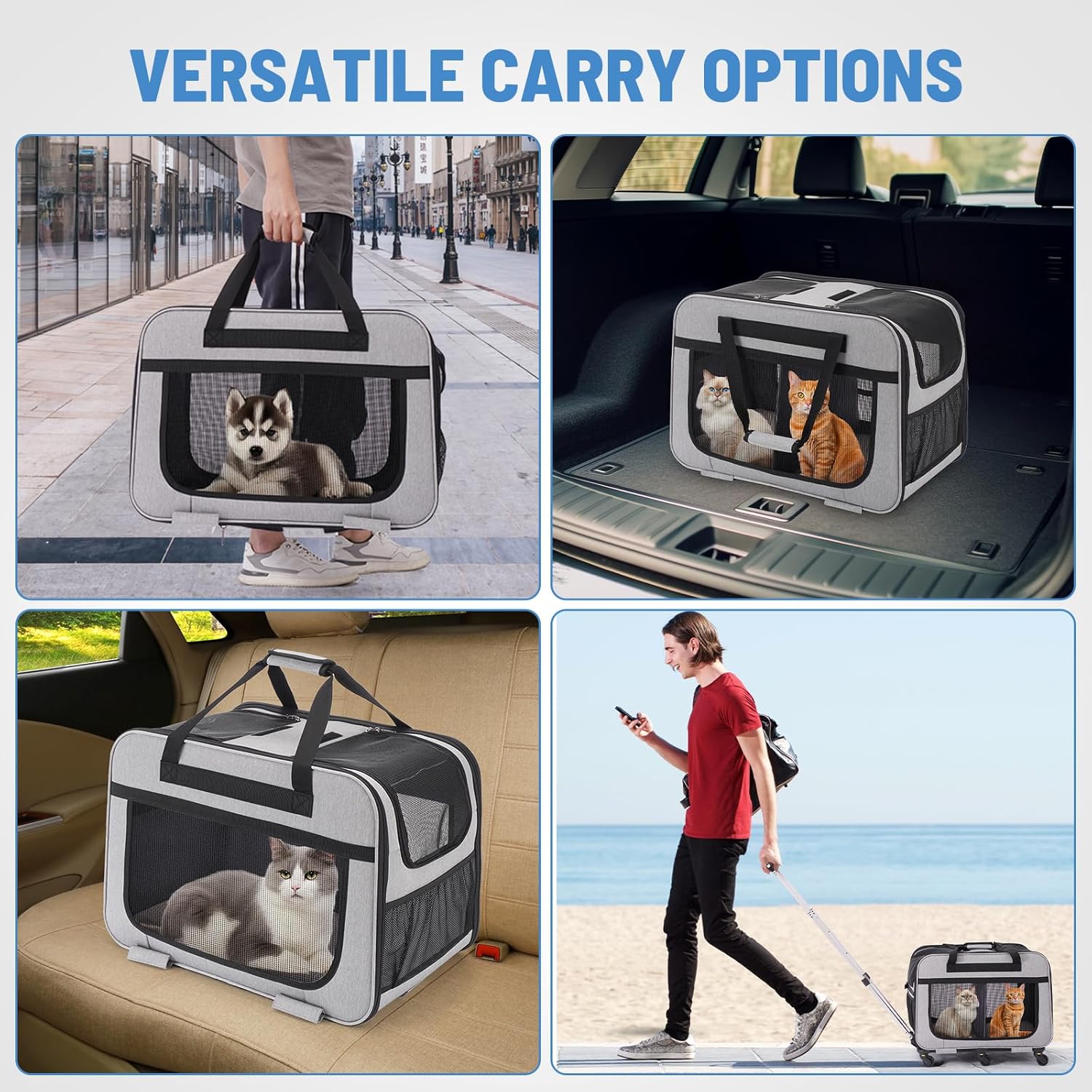 FASNATI Extra groe Doppel-Fach-Haustier-Tragetasche mit abnehmbaren Rdern für Katze/Hund, faltbare Rolltrage für 2 Katzen, Haustier-Katzen-Reisetrage für Spaziergnge/Camping, Grau