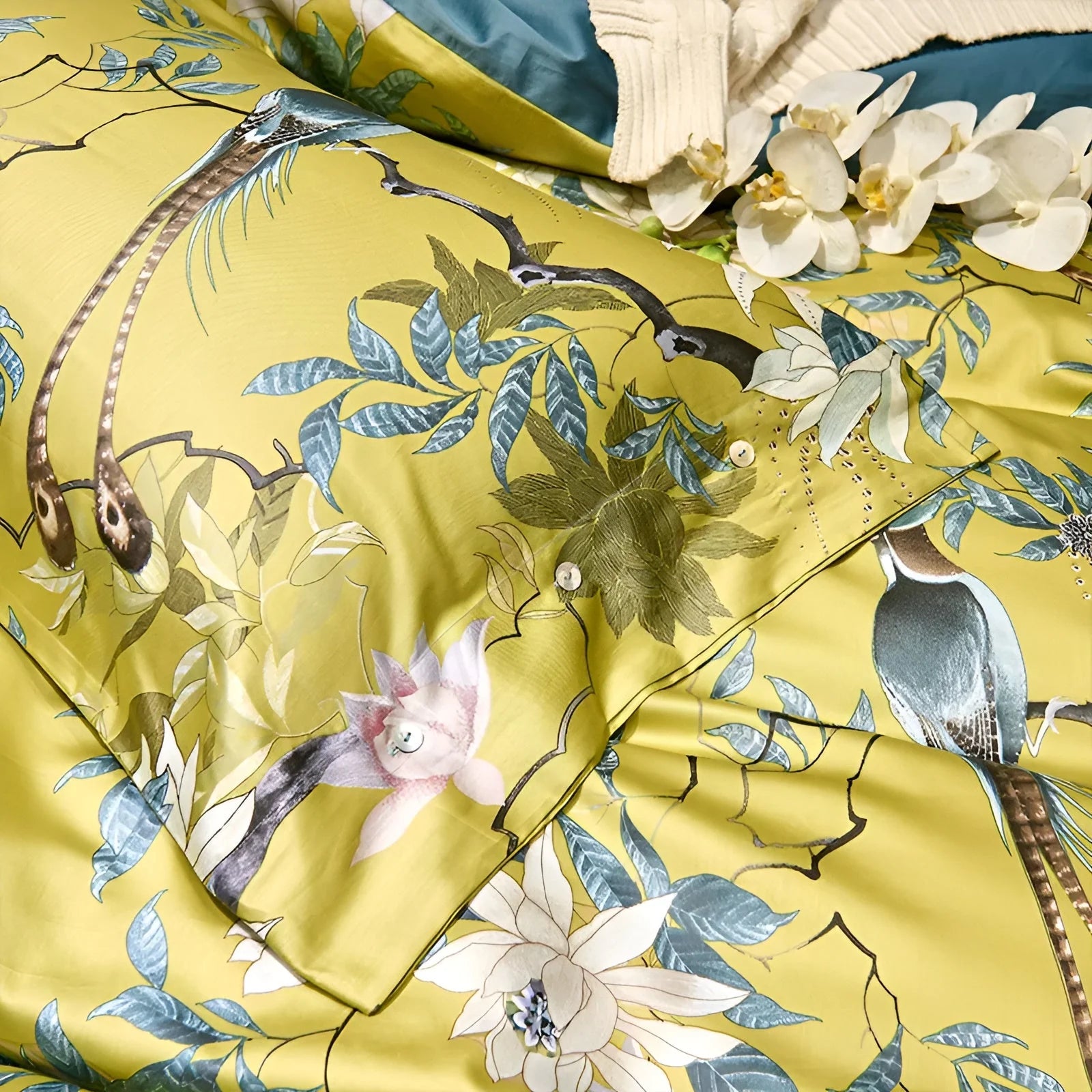 Piumone YellowSilk - Elegante set di biancheria da letto floreale con motivi di uccelli e piante