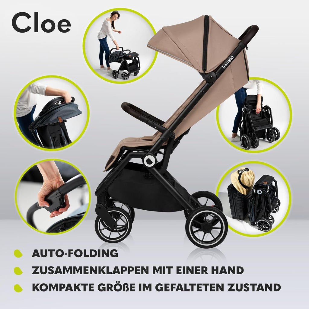 LIONELO Cloe Passeggino Pieghevole fino a 22 kg, Schienale Reclinabile Funzione Nanna, Imbracatura a 5 Punti Grandi Ruote Girevoli Zanzariera Porta Biberon Leggero Compatto Impermeabile (Grigio)