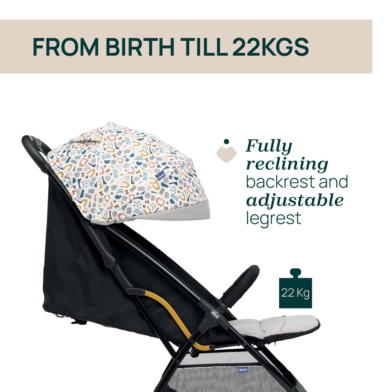 Chicco, Glee, Kinderwagen ab 0 Monate bis 4 Jahre, mit Automatik- und Kompaktverschluss, Ausziehbares Verdeck mit Lichtschutzfaktor 50+ und Regenschutz, 3-stufig verstellbare Rückenlehne, Beinauflage