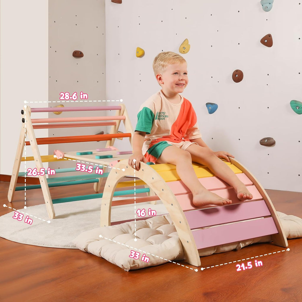 Set di triangoli con cuscino, set da arrampicata Montessori 5 in 1 pieghevole, set da arrampicata per interni per bambini, giocattolo da arrampicata in legno con rampa e arco da arrampicata per bambini (colore legno)