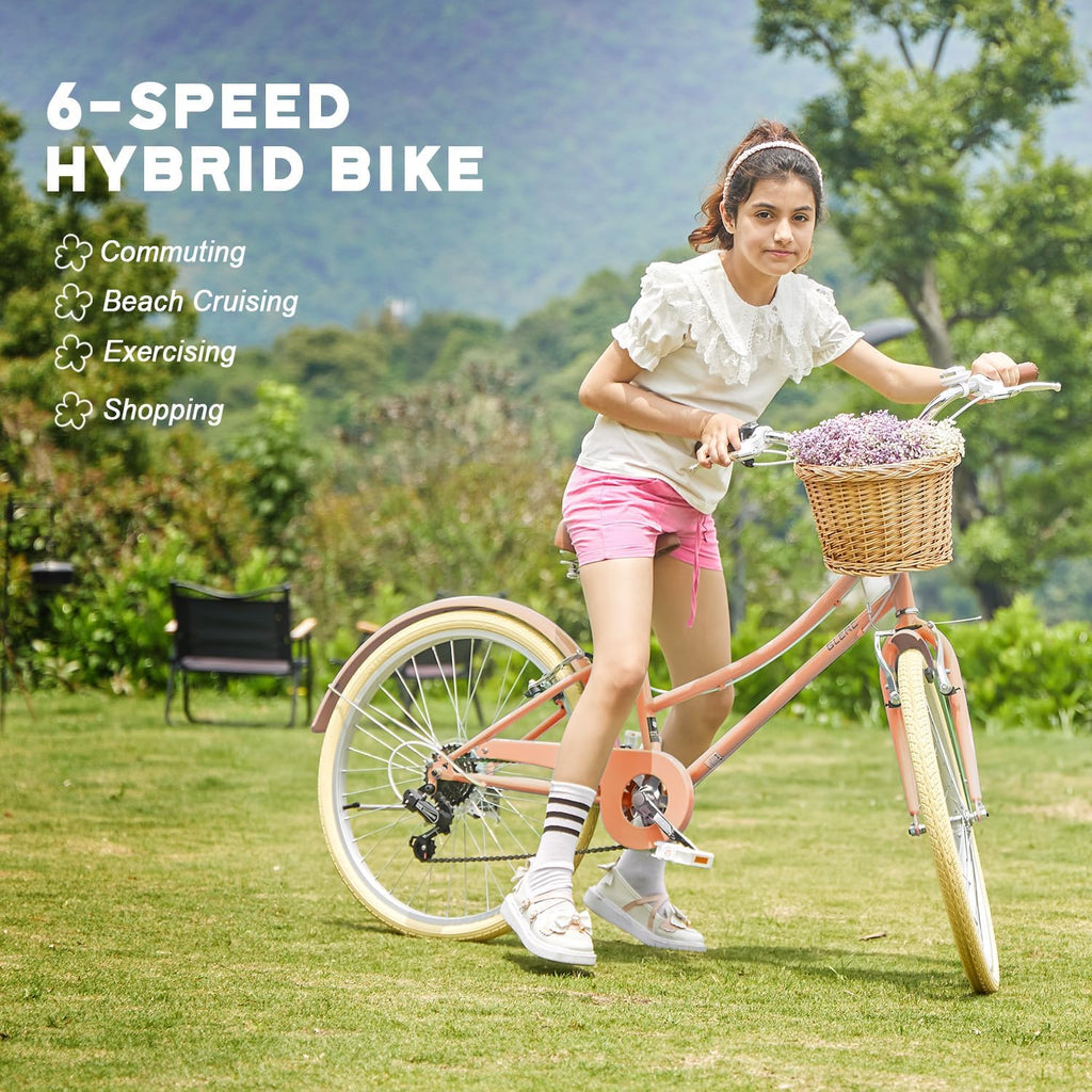 Glerc Missy 20 24 26 Zoll Mädchen City 6-Gang Hybrid Cruiser Fahrrad mit Weidenkorb für Jugend über 6-Jahre alt, mehrere Farben
