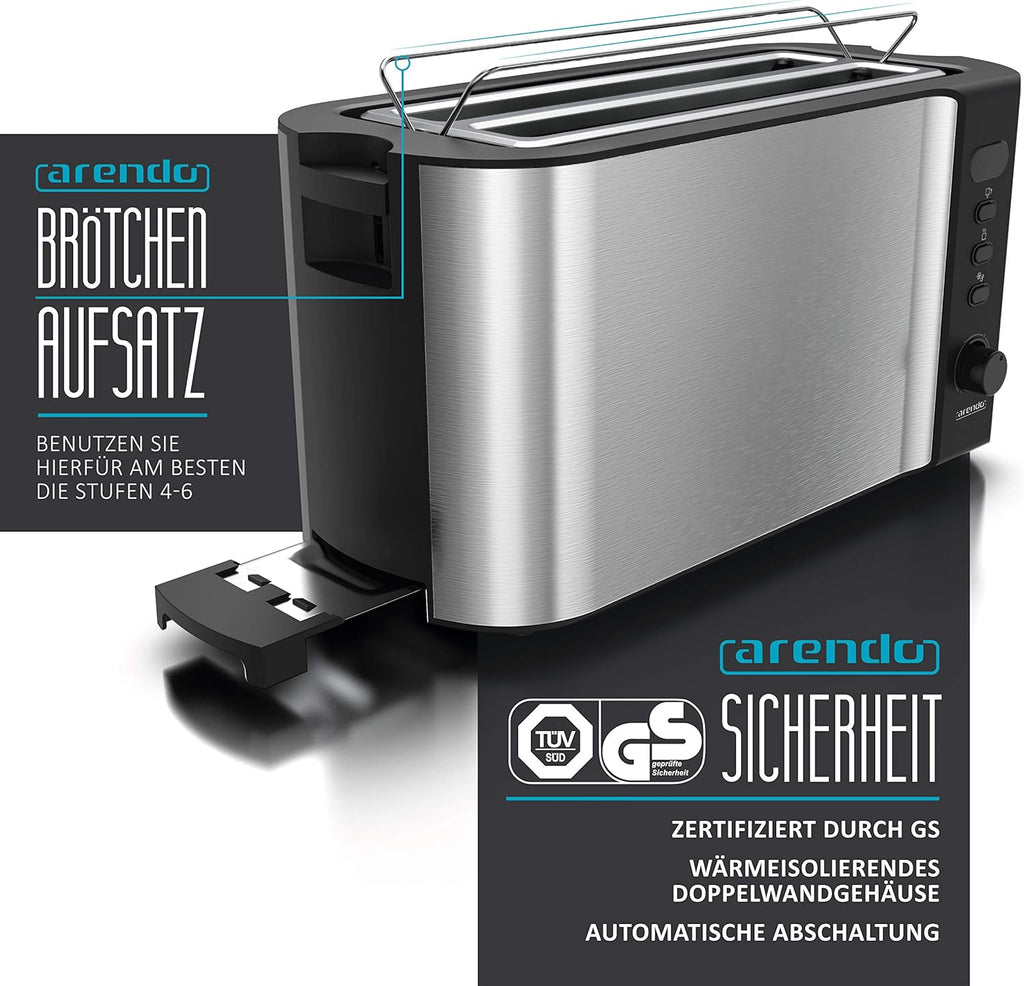Arendo - Tostapane a fessura lunga in acciaio inox per 4 fette - Funzione scongelamento - Corpo isolante dal calore - Con scaldavivande integrato - Vassoio raccoglibriciole - Display con indicazione del tempo residuo - Nero opaco
