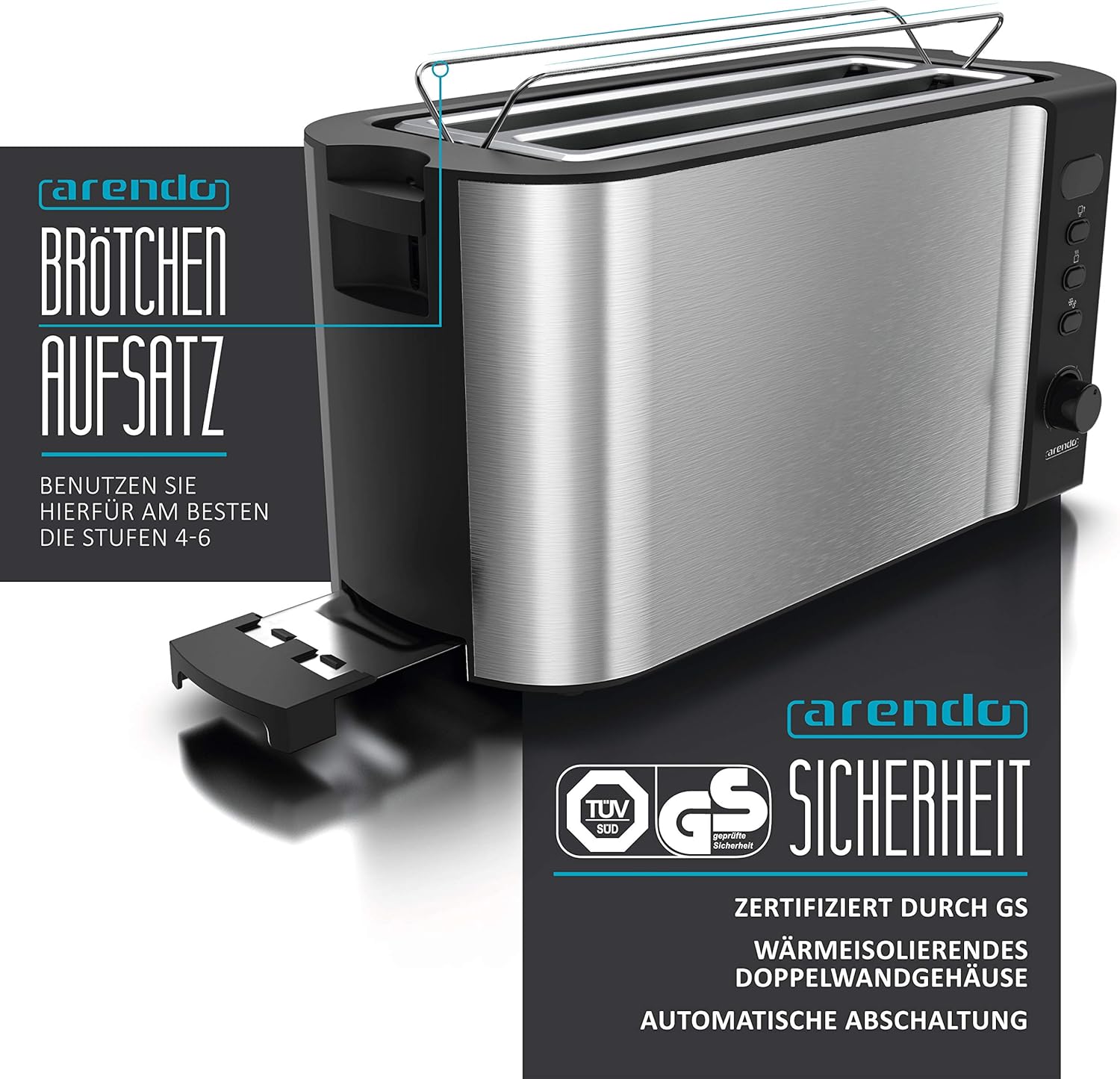 Arendo - Tostapane a fessura lunga in acciaio inox per 4 fette - Funzione scongelamento - Corpo isolante dal calore - Con scaldavivande integrato - Vassoio raccoglibriciole - Display con indicazione del tempo residuo - Nero opaco