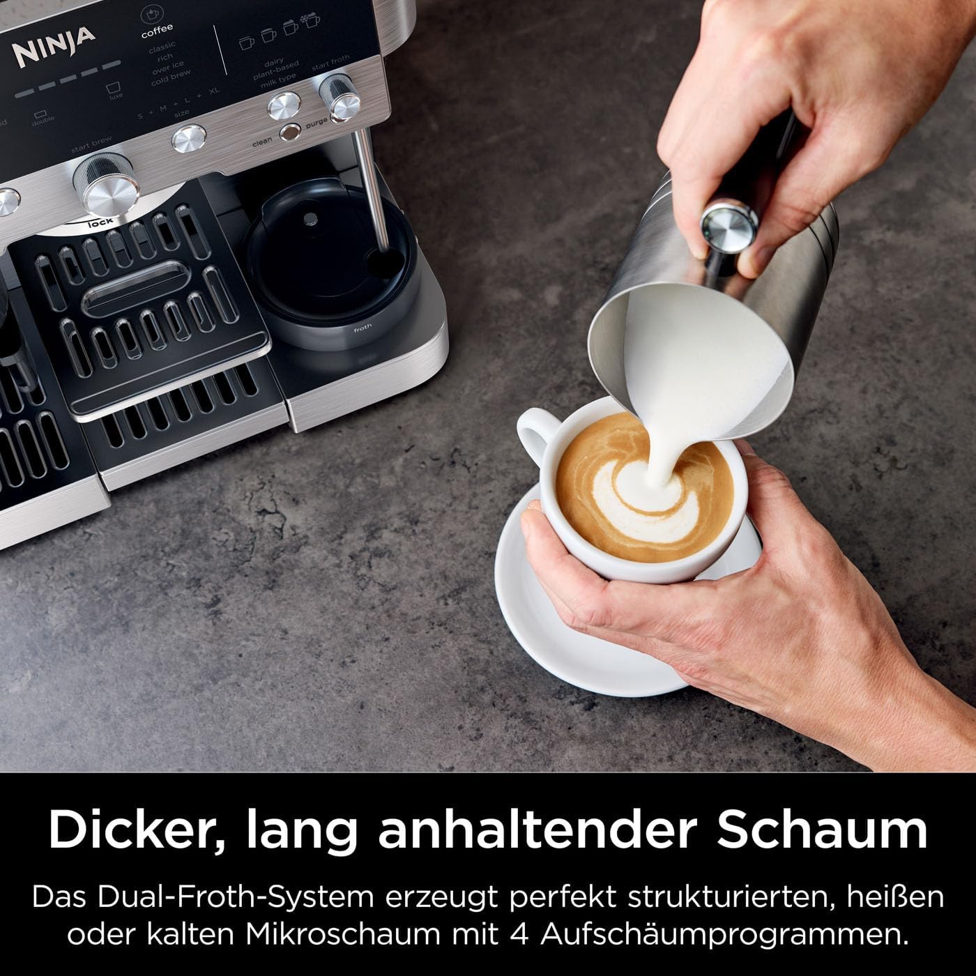 Ninja Luxe Essential Macchina da caffè 2-in-1 con macinacaffè e montalatte per latte, cappuccino ed espresso, facile da usare, 2 impostazioni predefinite per la schiuma, argento, ES501EU