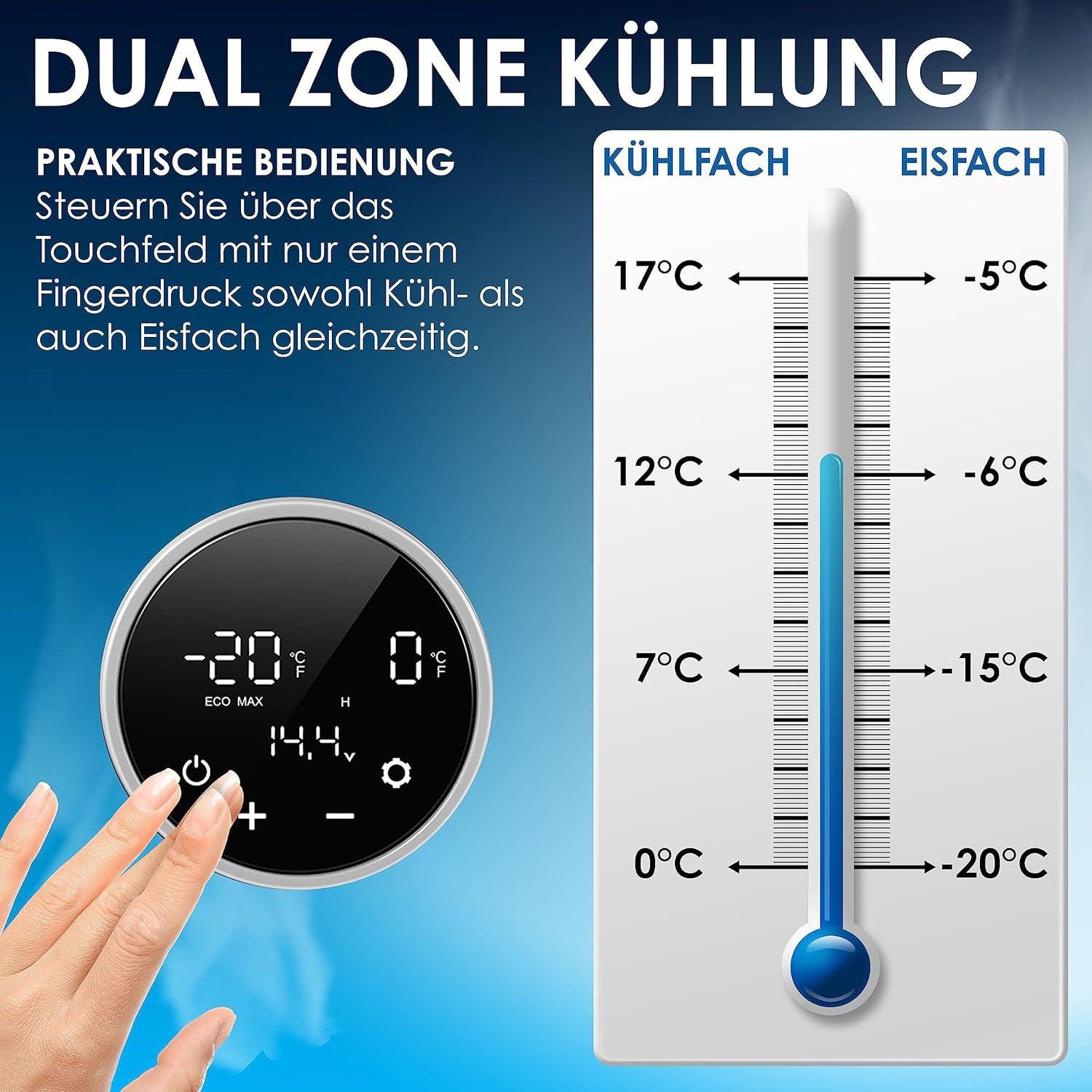 KESSER® Frigorifero Portatile a Compressore 2in1 Doppia Zona Fredda & Congelatore, Box Congelatore Elettrico con 2x Ghiaccioli & Controllo Touch LED | Refrigerazione fino a -20 °C per Campeggio, Auto, Camion 12/24V 230V