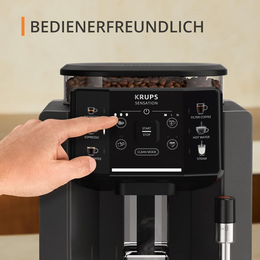Krups Sensation Macchina da Caffè Automatica, Lancia Vapore, 5 Bevande, Funzione Caffè Filtro, Funzione 2 Tazze, Caffettiera, Nero, EA910810