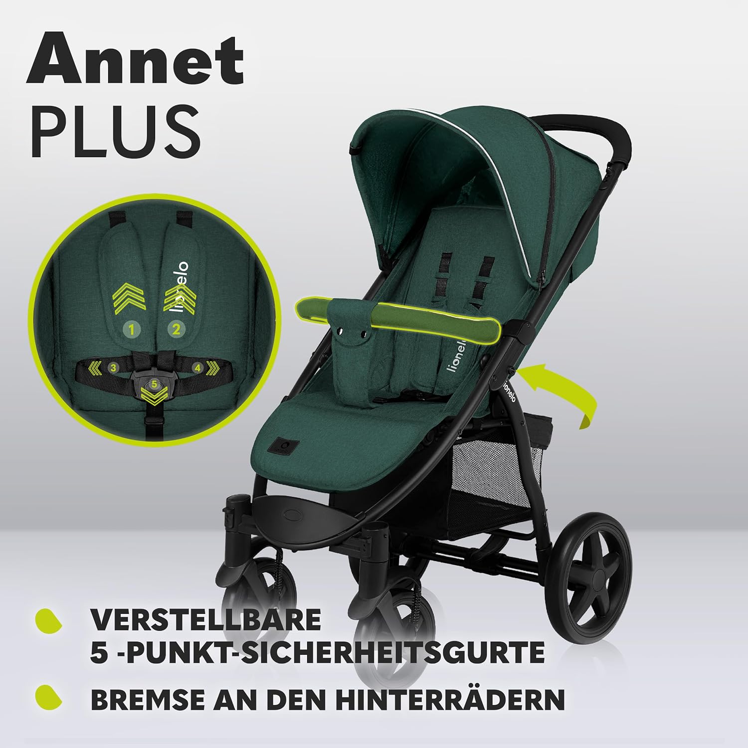 LIONELO Annet Buggy fino a 22 kg con funzione reclinabile, passeggino compatto richiudibile con accessori, ruote in schiuma EVA, zanzariera, coprigambe, portabevande, cestino (Golden Moments, Tour)