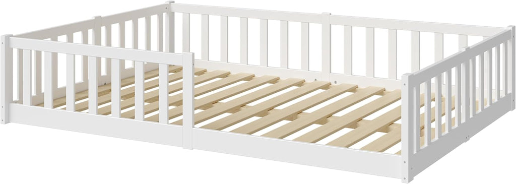 Bellabino Vere Letto a Pavimento 140x200 Montessori, Letto Matrimoniale con Protezione Anticaduta e Rete a Doghe, Letto per Bambini e Bambine in Legno Massello di Pino Bianco con Sbarre