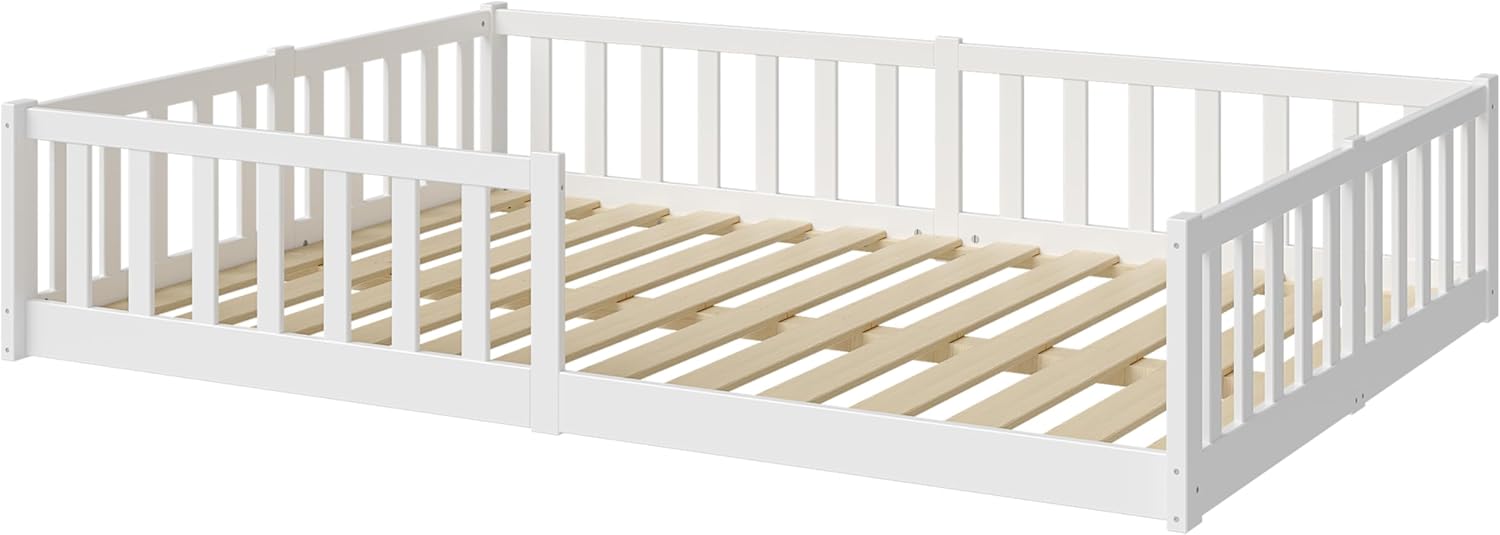 Bellabino Vere Letto a Pavimento 140x200 Montessori, Letto Matrimoniale con Protezione Anticaduta e Rete a Doghe, Letto per Bambini e Bambine in Legno Massello di Pino Bianco con Sbarre