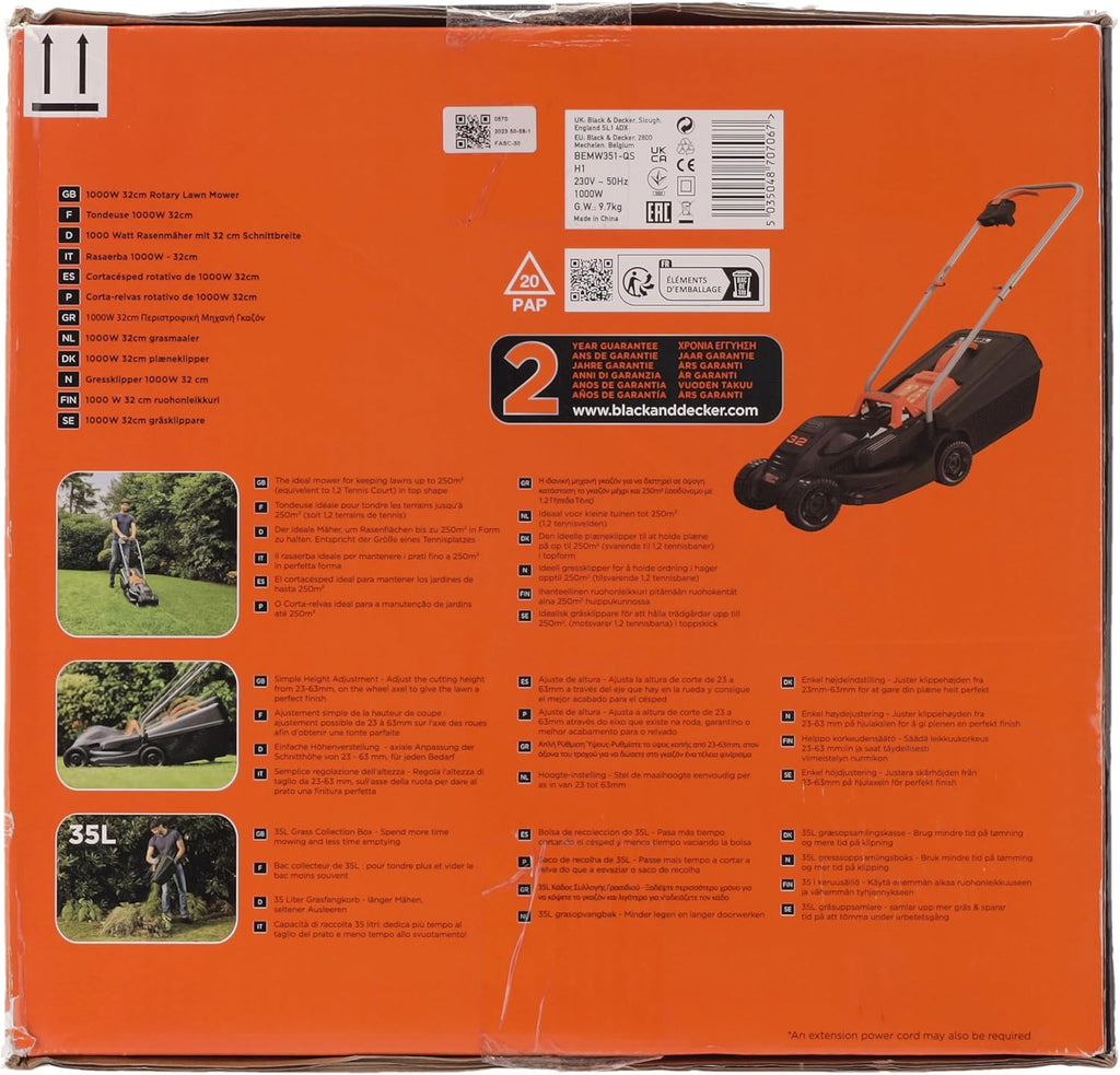 Black+Decker Elektro-Rasenmher (1.000 W, 32cm Schnittbreite, 3-fach axial Schnitthhenverstellung, 35l Grasfangbehlter, ideal für kleine Grten) BEMW351 Multicolor