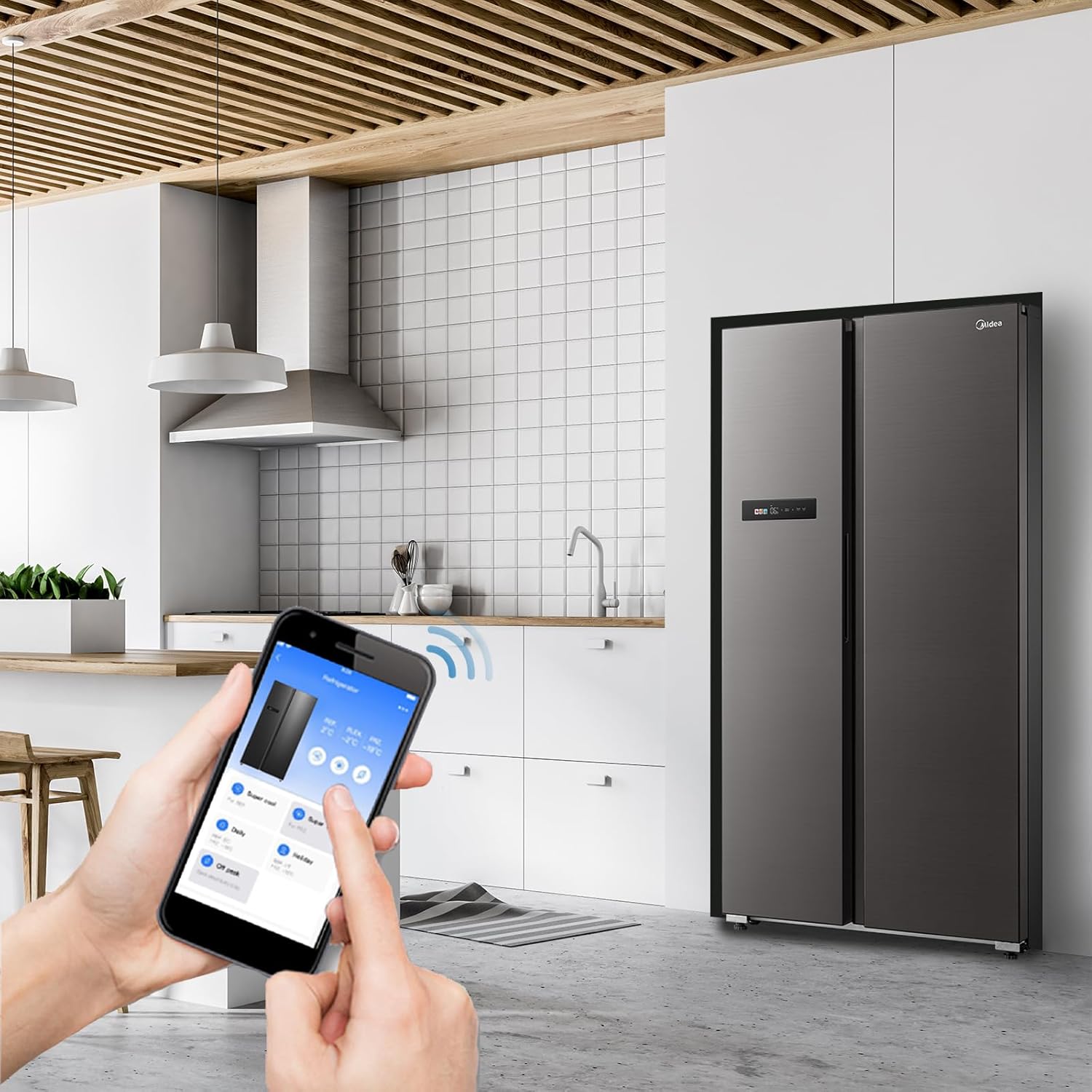 Midea KS-DDX 6.32 WT Frigorifero Side-by-Side con Congelatore/Altezza 178,8 cm/254 kWh/anno/No Frost/Compressore Dual Inverter/con Distributore di Acqua e Ghiaccio 3-in-1 e Serbatoio d'Acqua, Inox Scuro