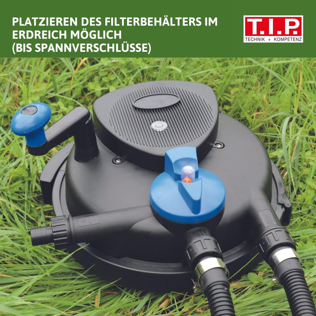 T.I.P. Filtro per laghetto - Set filtro a pressione per laghetto (capacità laghetto 5.000 l, portata 1.500 l/h, UV-C 9 Watt, funzione di controlavaggio integrata, inclusa pompa, lampada UV-C, tubi flessibili, materiale filtrante) TFP 5000 UV 9, 30297