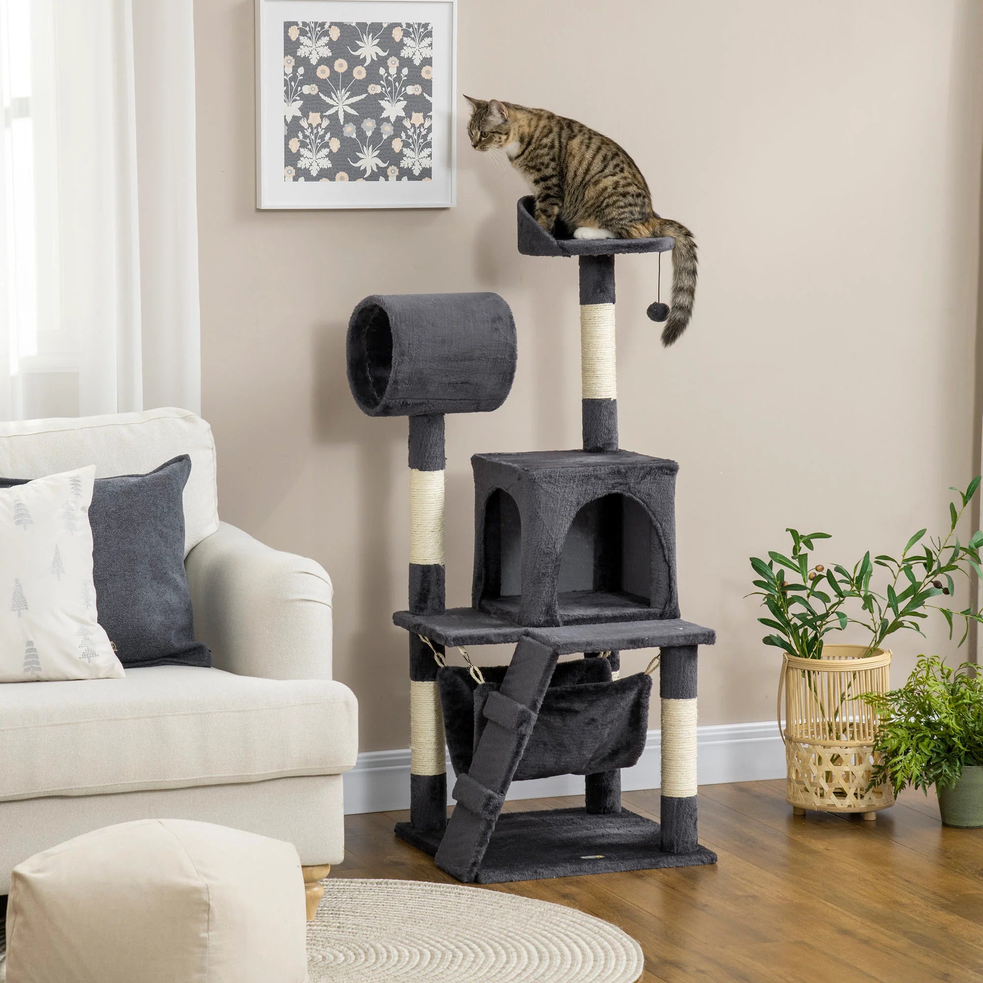 PawHut Tiragraffi Mobili per Gatti con Casetta Amaca Giochi