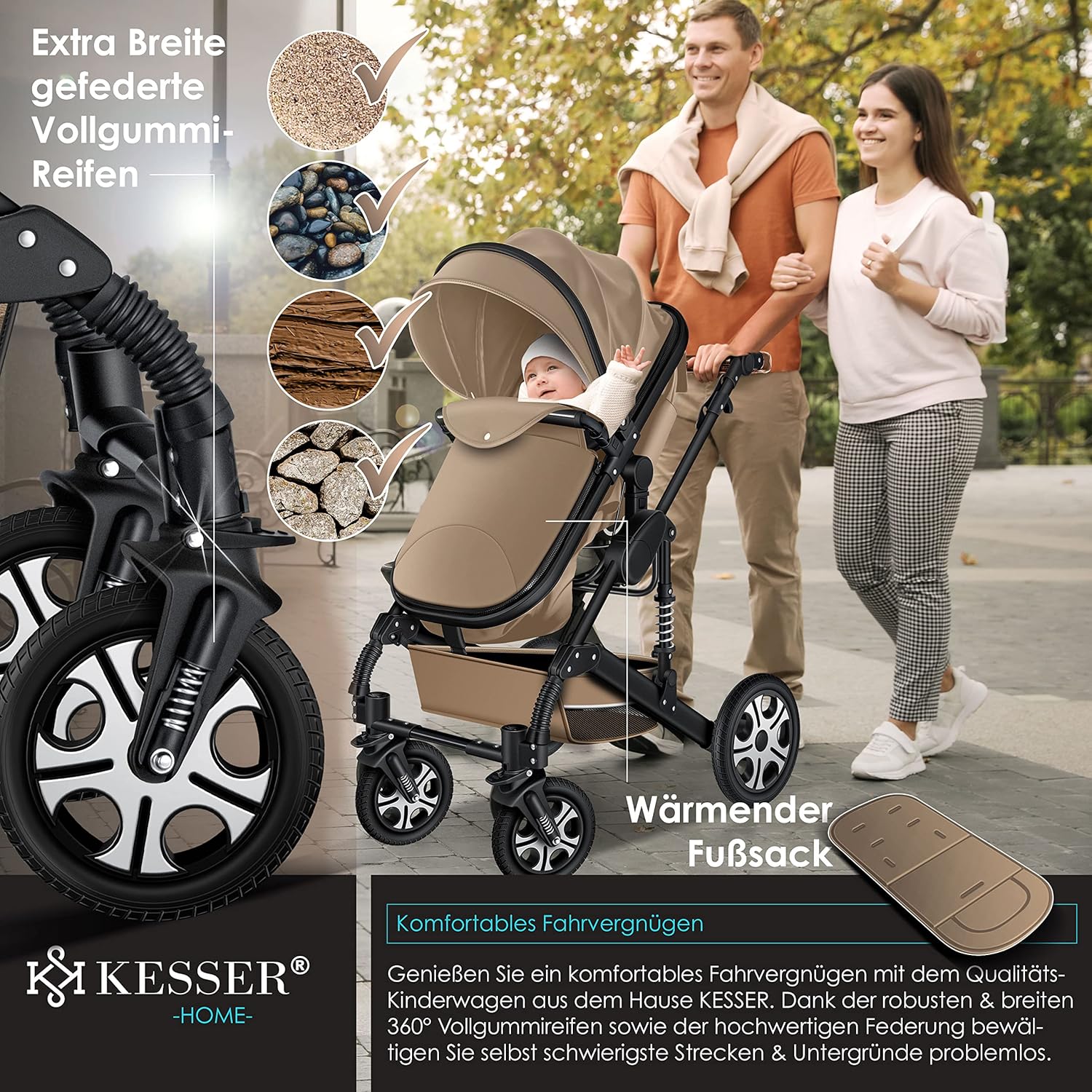 KESSER® Loops Passeggino Trio 3 in 1, Set Completo con Navicella, Seduta Passeggino e Seggiolino Auto Ovetto, Ruote in Gomma Piena, Borsa Fasciatoio, Parapioggia, Tavolino, ECE R129, Nero/Champagne