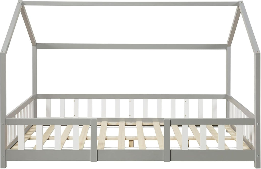 [en.casa] Letto per bambini Sisimiut a capanna 80 x 160 cm con protezione anticaduta letto in legno per bambini letto a terra rete a doghe in legno di pino Bianco opaco
