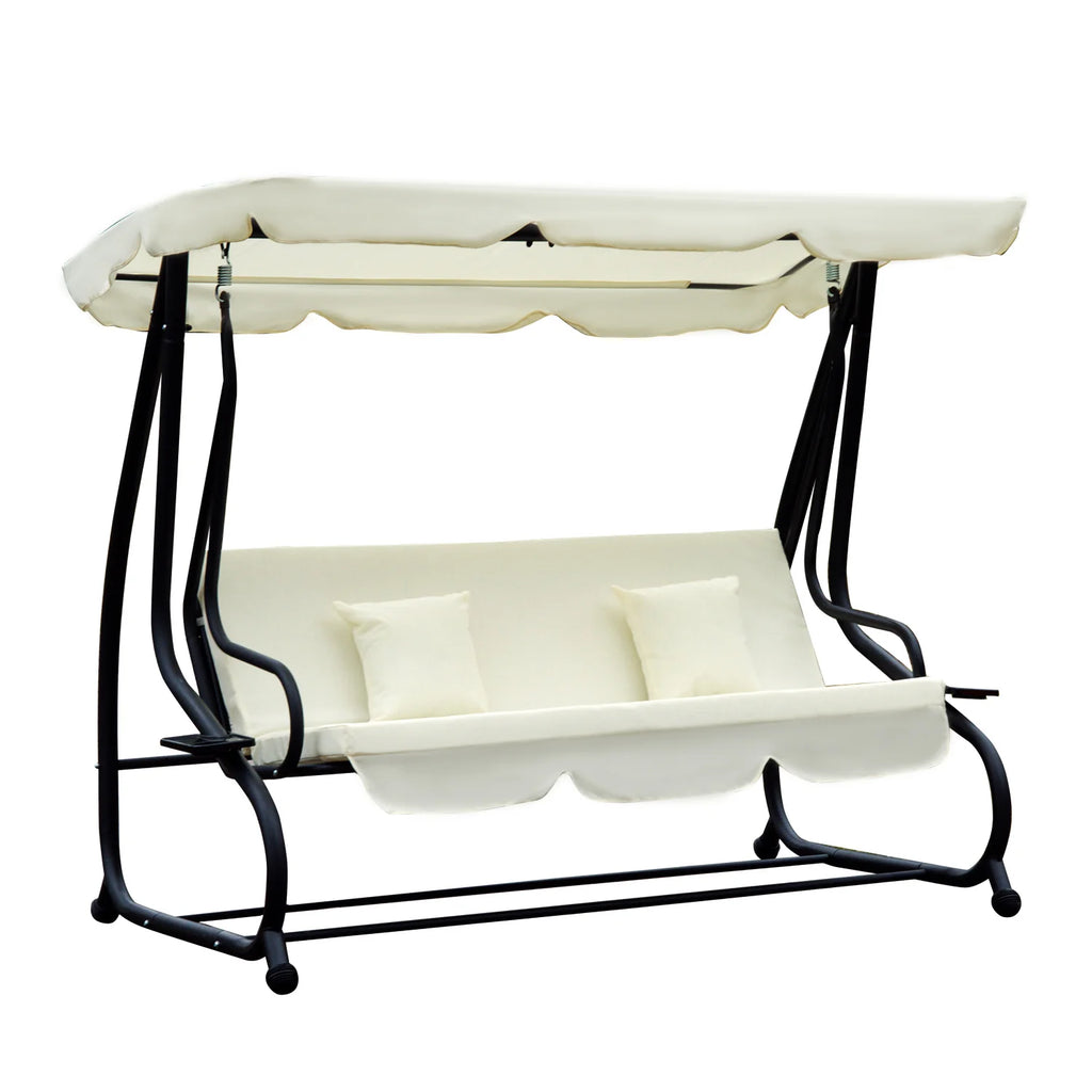 Outsunny Altalena da Giardino a 3 Posti con Funzione Letto, Protezione UV, Bianco Crema