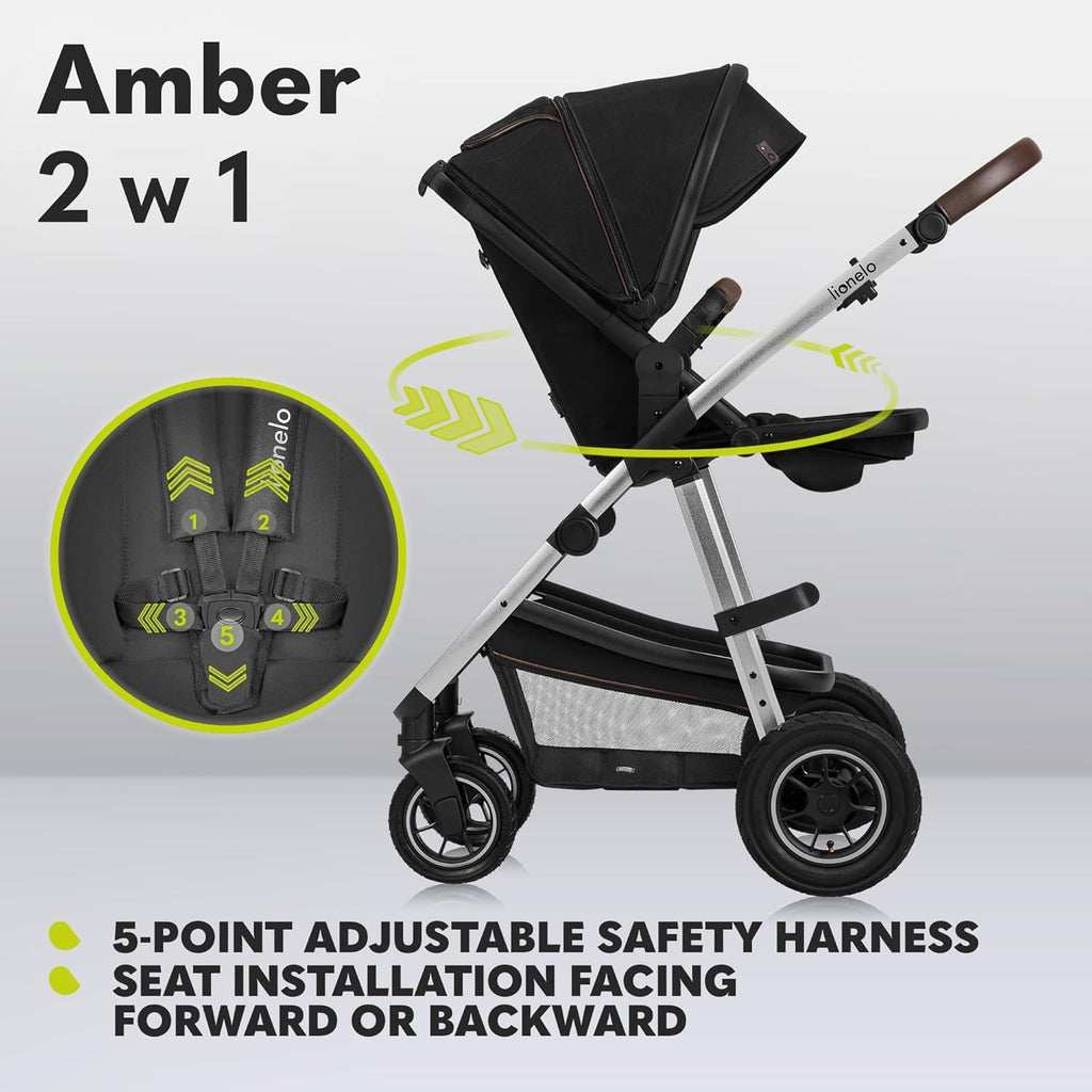 LIONELO Amber Kinderwagen 2 in 1 Kombikinderwagen, Kinderwagen Set mit sportlichen Sitz und fester Babywanne, Tasche, Moskitonetz, Abdeckung Regenblatt (Graphit)