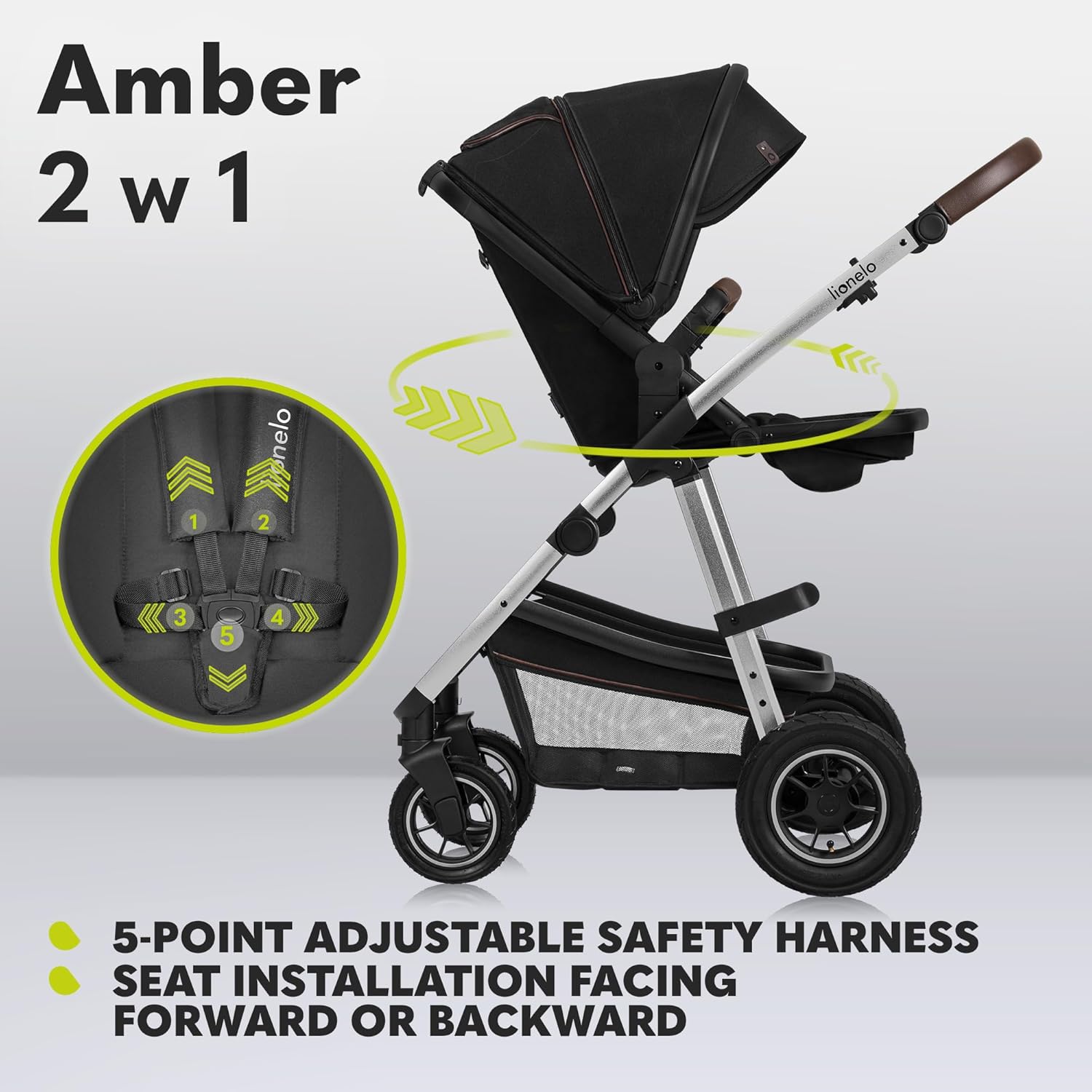 LIONELO Amber Kinderwagen 2 in 1 Kombikinderwagen, Kinderwagen Set mit sportlichen Sitz und fester Babywanne, Tasche, Moskitonetz, Abdeckung Regenblatt (Graphit)