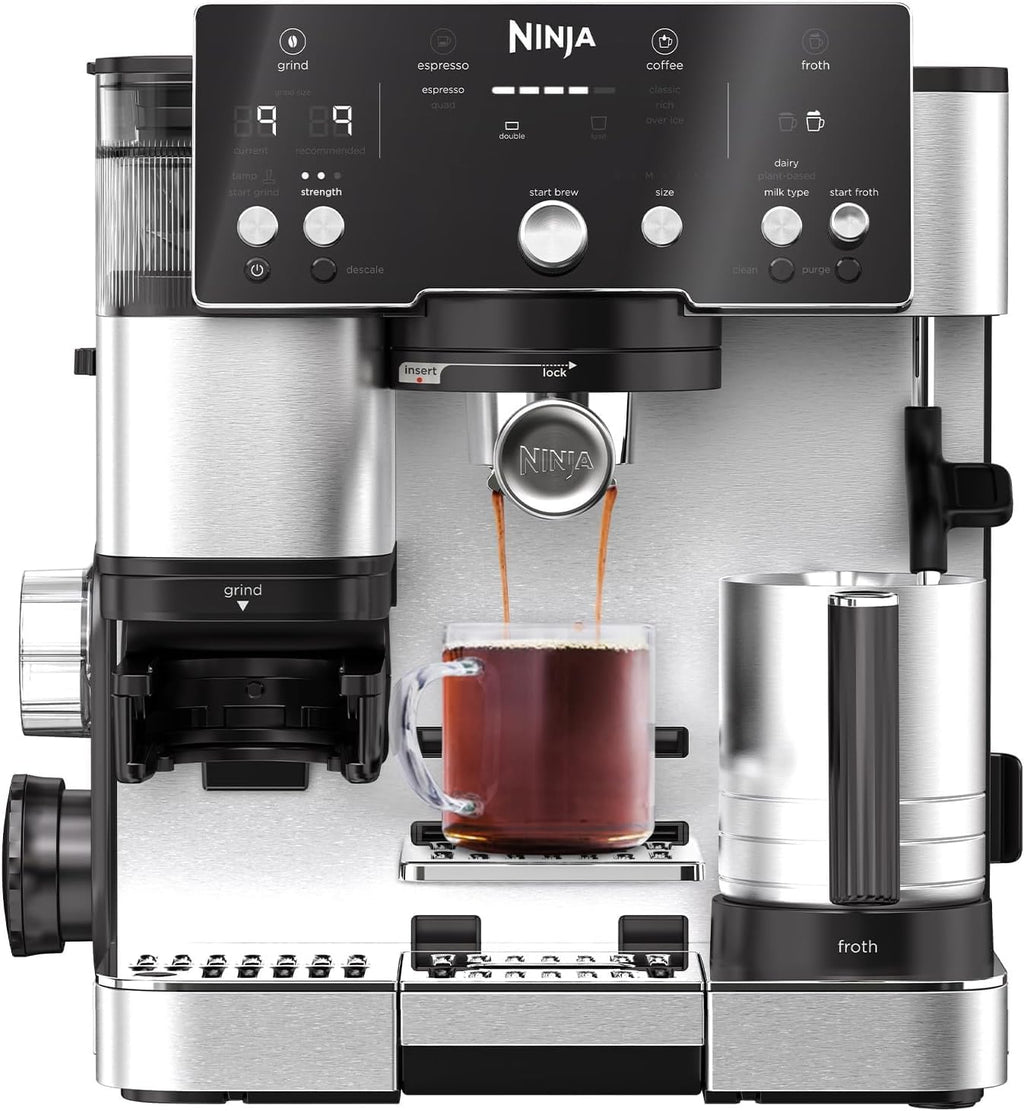 Ninja Luxe Essential Macchina da caffè 2-in-1 con macinacaffè e montalatte per latte, cappuccino ed espresso, facile da usare, 2 impostazioni predefinite per la schiuma, argento, ES501EU