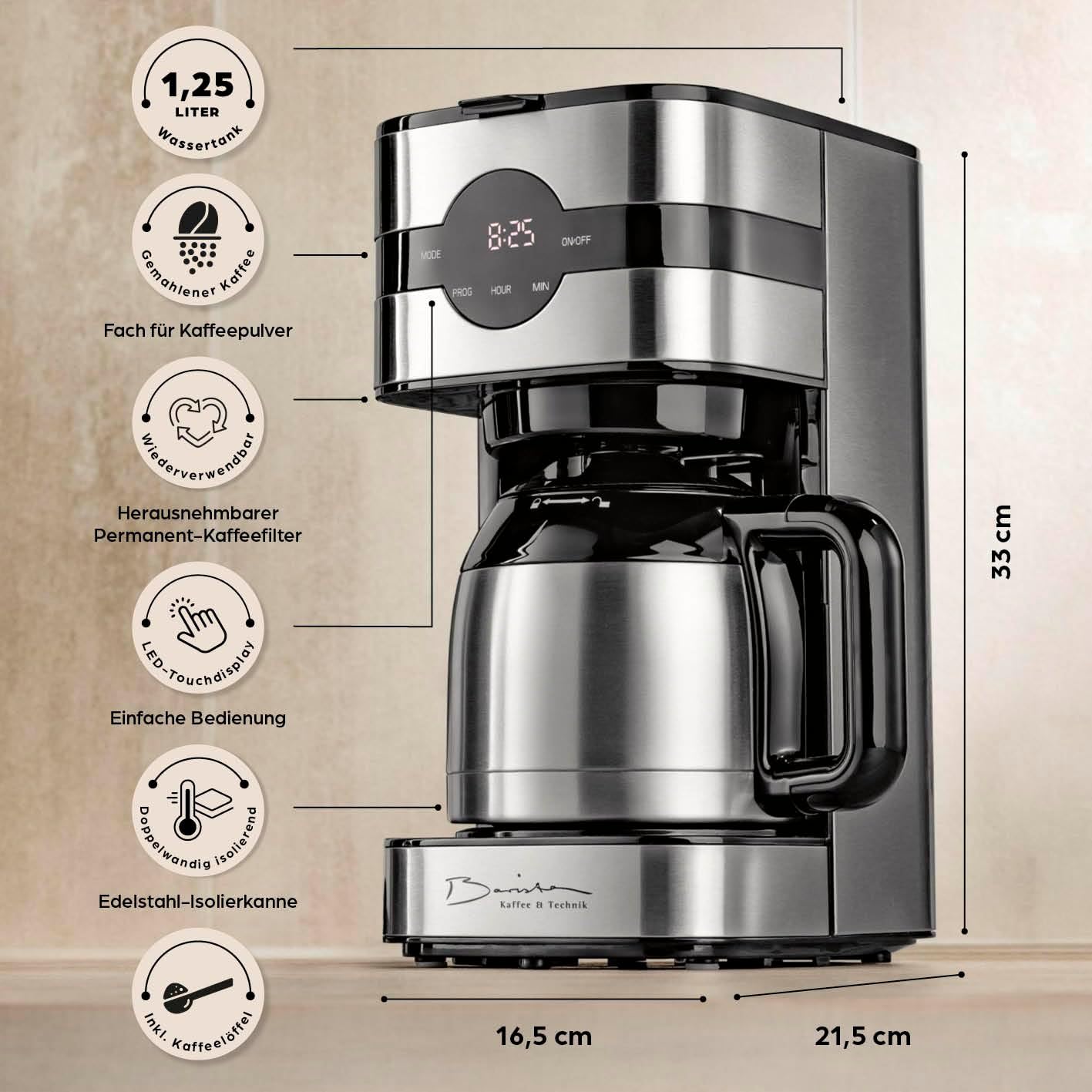 Barista Kaffeemaschine mit Mahlwerk | Filterkaffeemaschine mit Glaskanne | 900W Filtermaschine mit Touchdisplay & Timerfunktion für bis zu 10 Tassen | 1,25 Liter Kaffeekanne | Für Bohnen & Pulver
