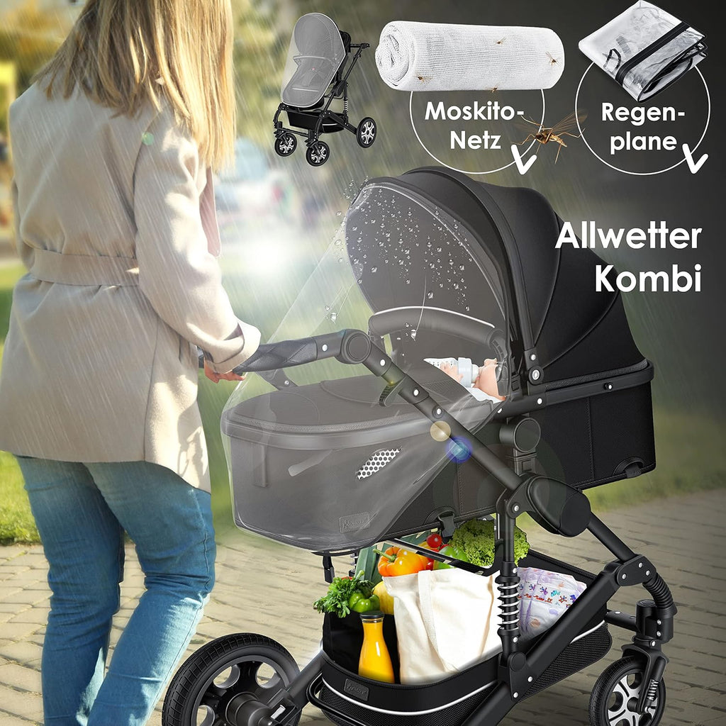 KESSER Passeggino trio Loops 3 in 1, set completo con navicella, seduta sportiva e seggiolino auto con pneumatici in gomma piena, borsa fasciatoio, parapioggia, tavolino, ECE R129, nero/champagne