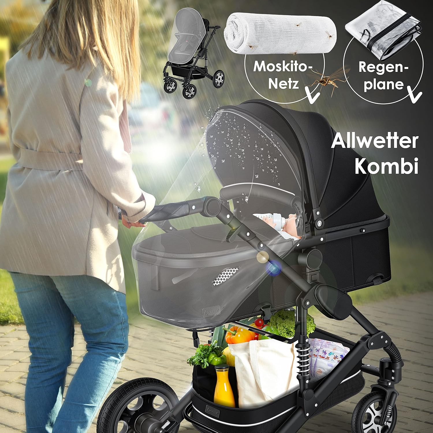 KESSER Passeggino trio Loops 3 in 1, set completo con navicella, seduta sportiva e seggiolino auto con pneumatici in gomma piena, borsa fasciatoio, parapioggia, tavolino, ECE R129, nero/champagne