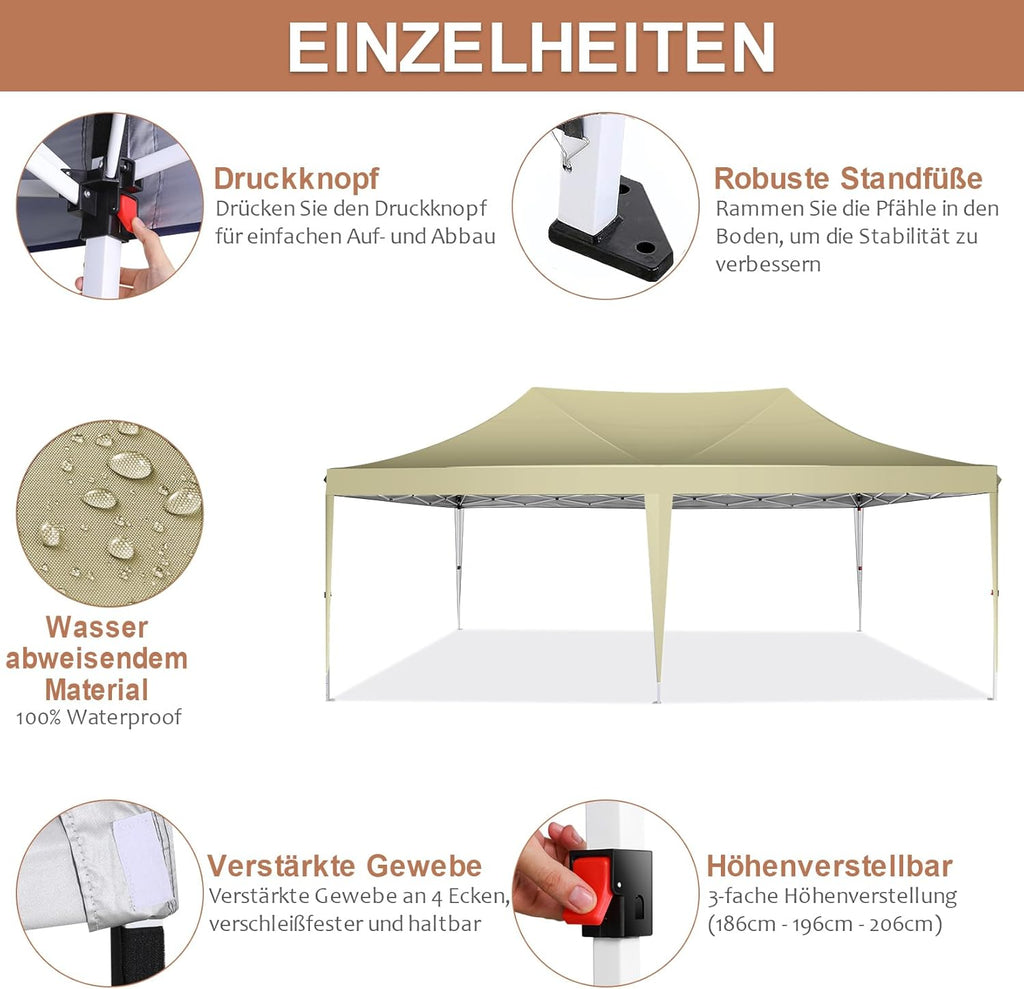COBIZI Gazebo Pieghevole 3x6 Impermeabile Stabile con 6 Pareti Laterali, Tenda a Padiglione con Tetto a Punta, 3 Altezze Regolabili, Protezione UV, Borsa per Il Trasporto, Picchetti, Corde per Giardino, Matrimoni, Mercati, Eventi all'Aperto