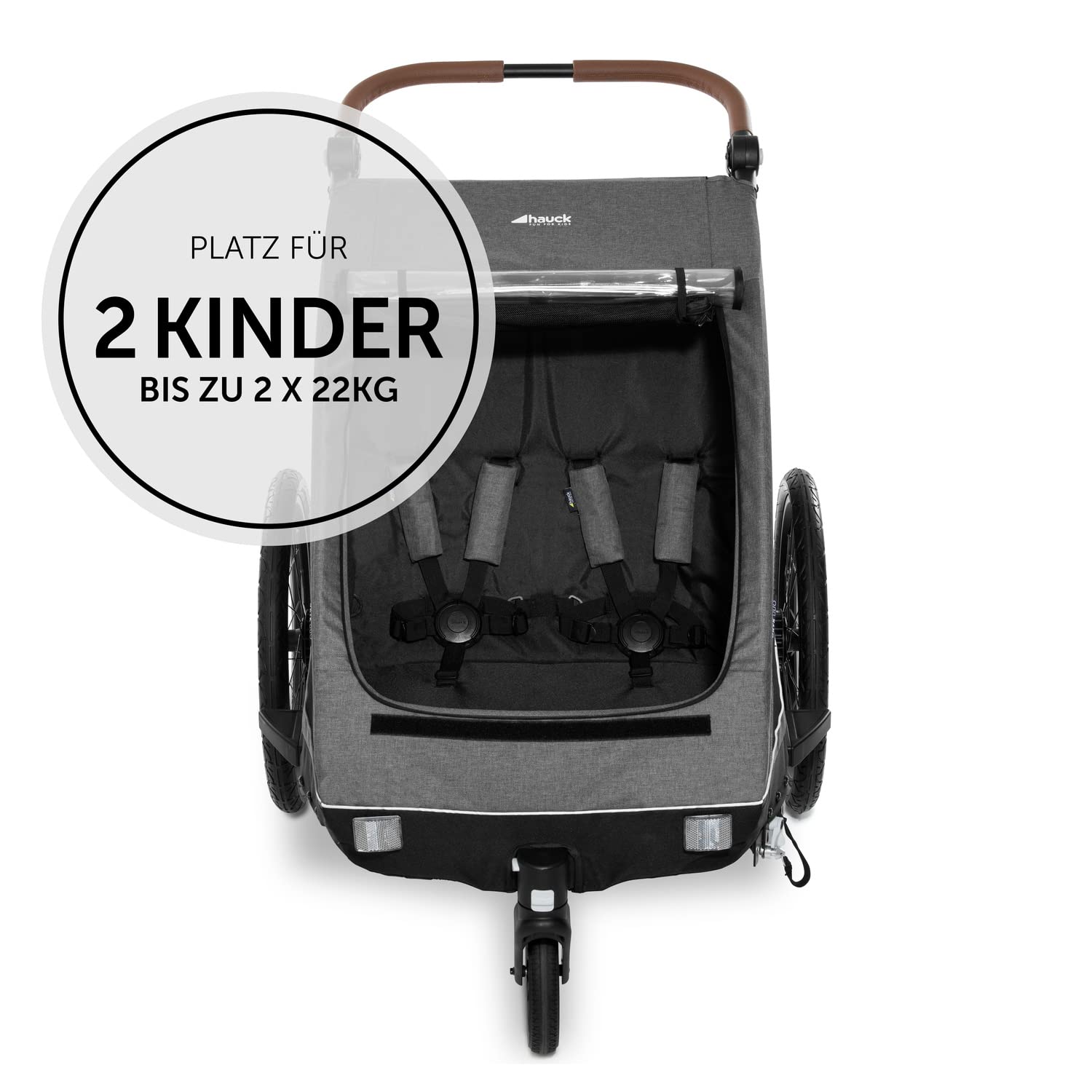 hauck Rimorchio Bici & Passeggino Dryk Duo Plus con Sospensioni, per 2 Bambini (6-48 mesi), incl. Timone, Ruota da Passeggino, Bandierina e Luce LED, Pieghevole, Regolabile in Altezza, Baule XL (Verde Scuro)