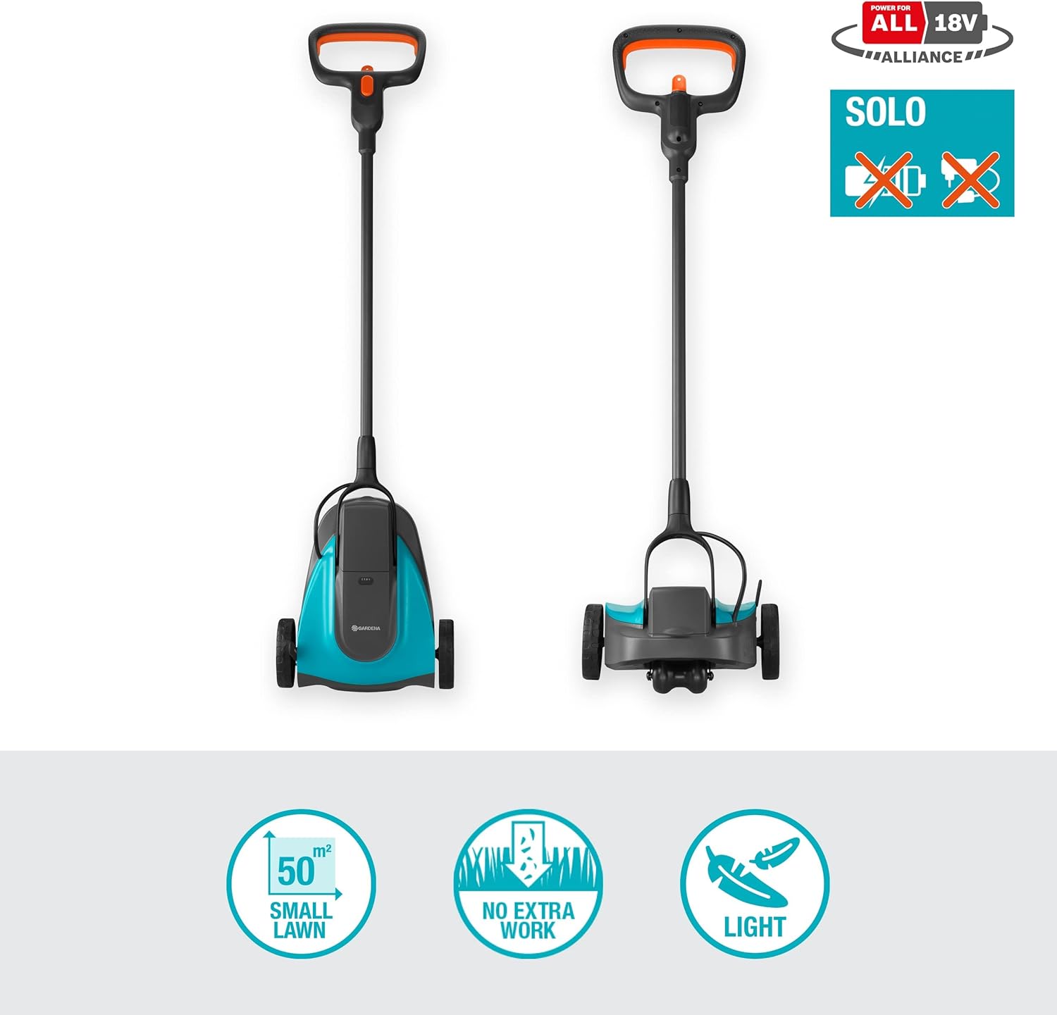 Gardena Akku-Rasenmäher HandyMower 22/18V P4A Ready-To-Use Set: Handrasenmäher, für Rasenflächen bis zu 50 m², Schnitthöhenverstellbar, inkl. 18V P4A Akku (14620-20)