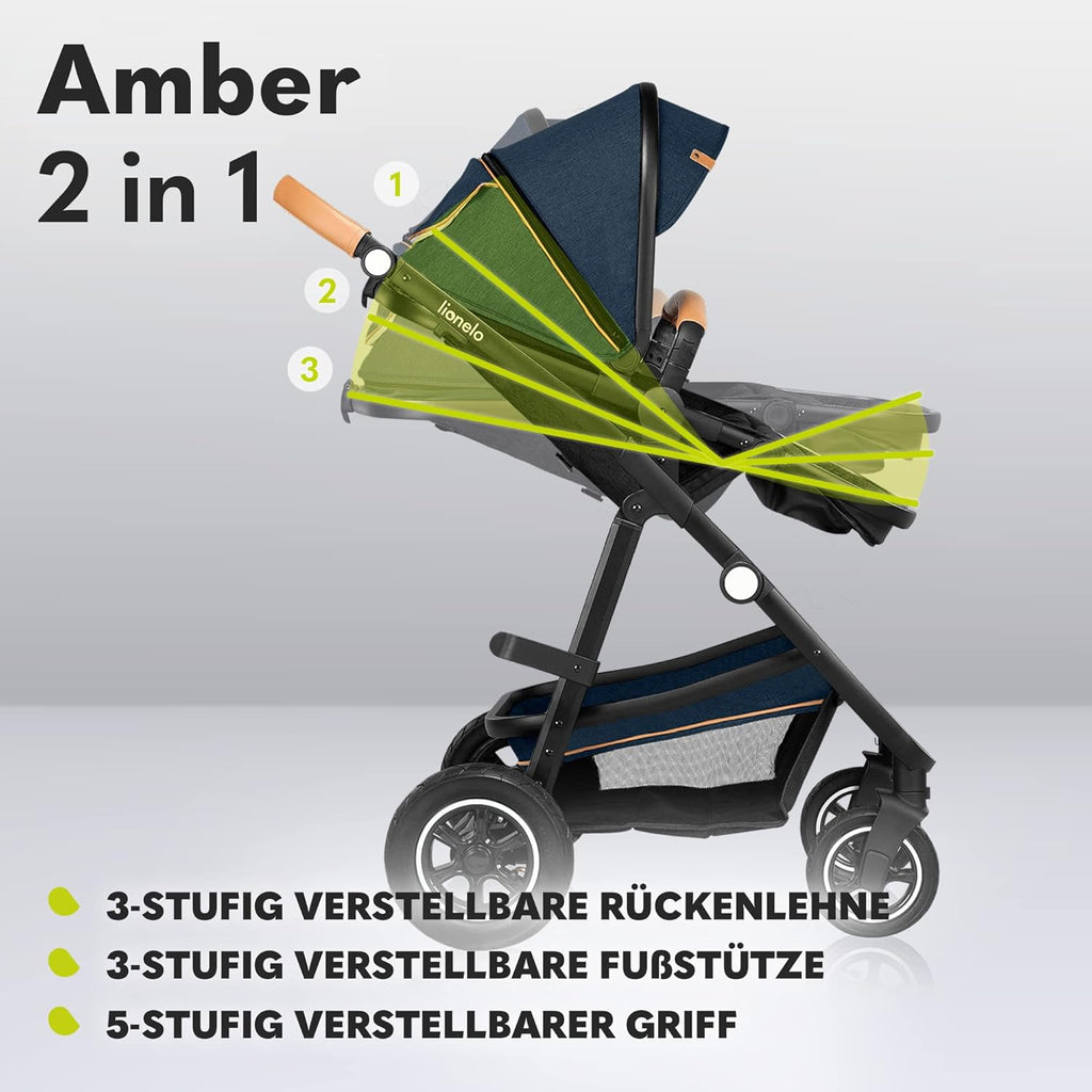 LIONELO Amber Kinderwagen 2 in 1 Kombikinderwagen, Kinderwagen Set mit sportlichen Sitz und fester Babywanne, Tasche, Moskitonetz, Abdeckung Regenblatt (Graphit)