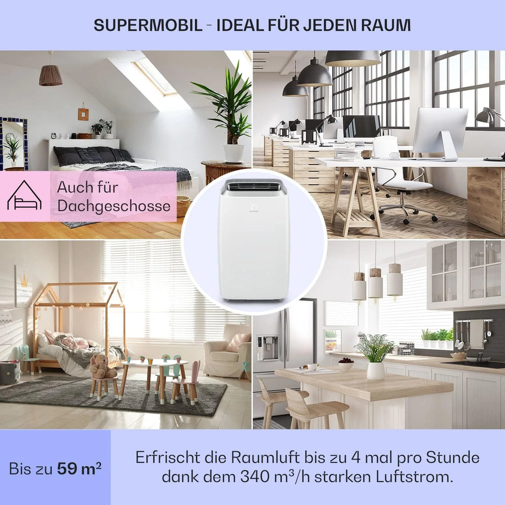 Klarstein Condizionatore Portatile 3-in-1 con Tubo di Scarico, Climatizzatore con Ventilatore, Deumidificatore e Modalità Notturna, Climatizzatore Piccolo e Portatile per Casa e Ufficio, 12000 BTU Basso Consumo